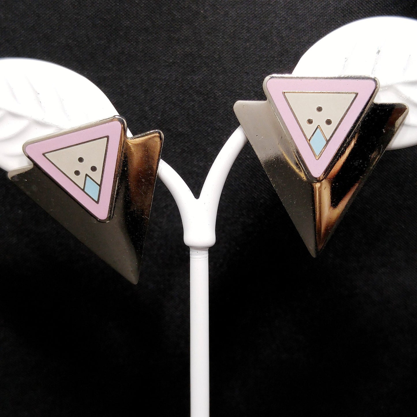Vintage Laurel Burch "Anne" Triangle Post Earrings, Rhodium Plated, 1980s