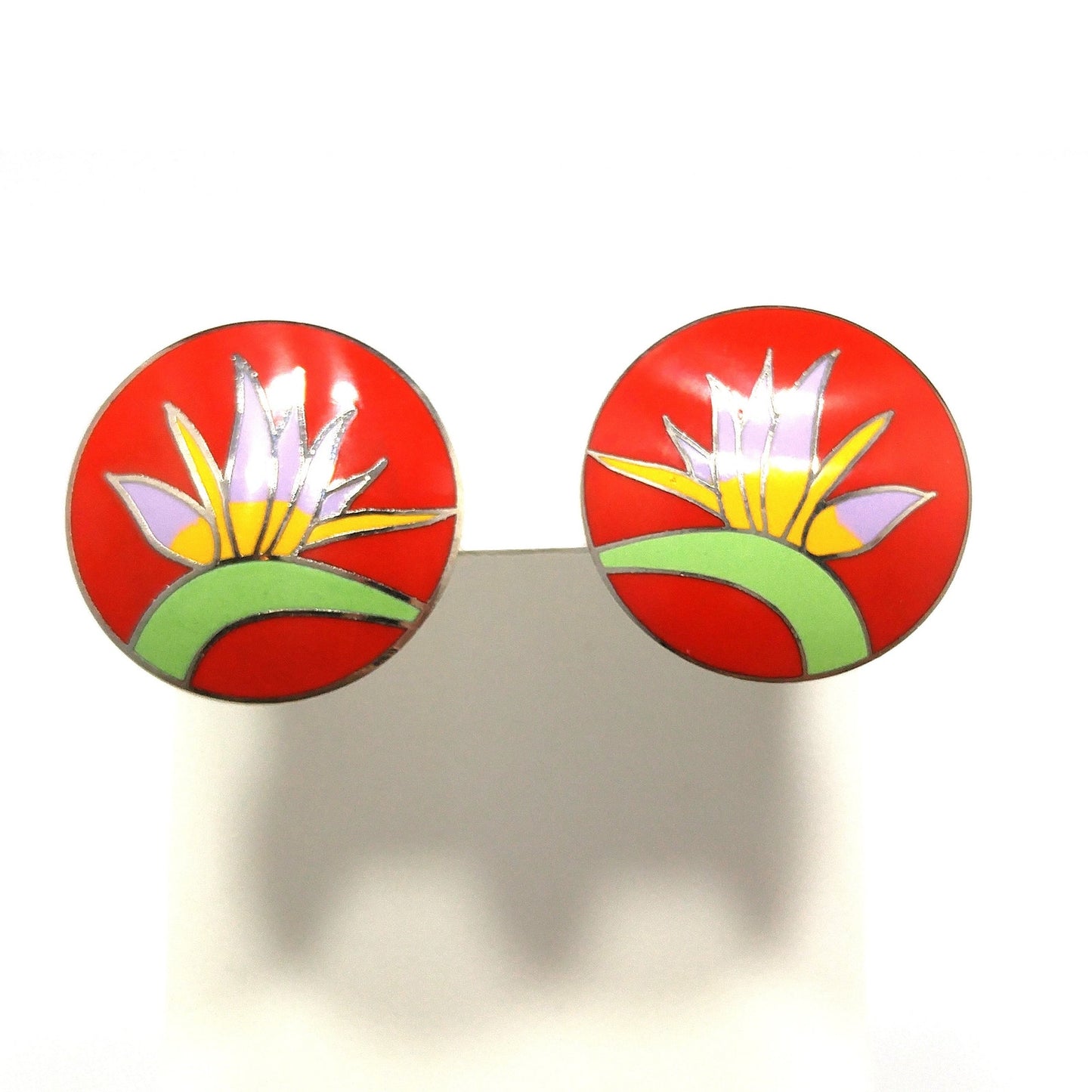 Vintage Laurel Burch Bird of Paradise Post Earrings, Rhodium Plated