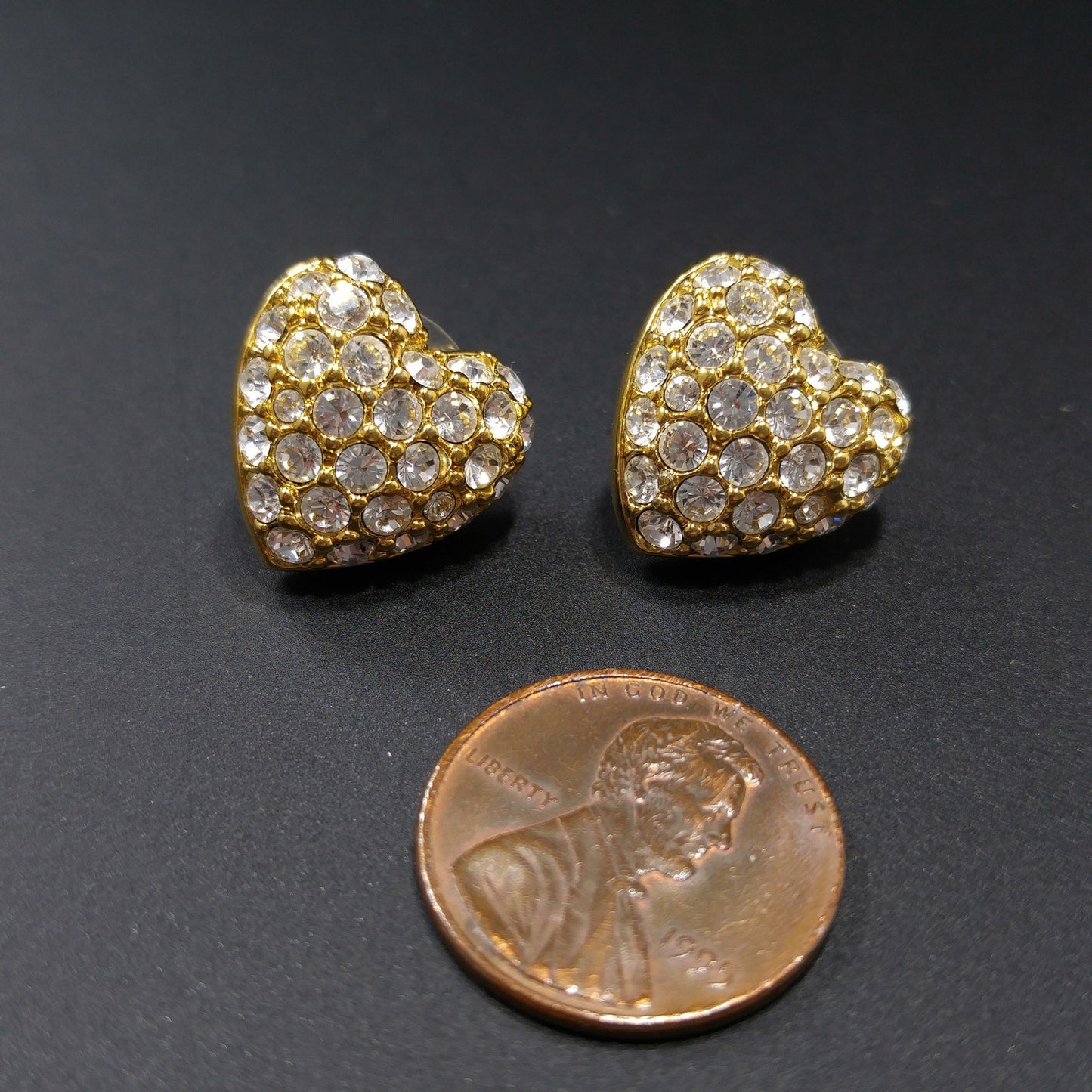 Vintage Swarovski Swan Logo Heart Earrings Clear Pave Rhinestones Gold 1980s