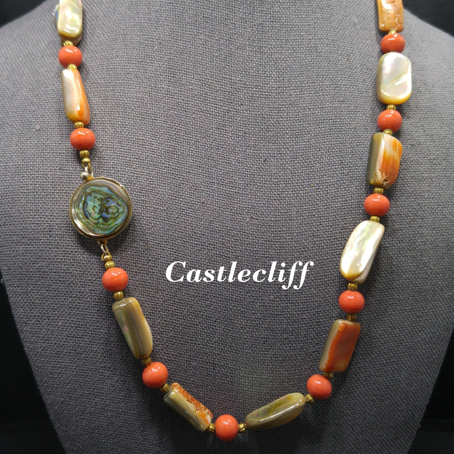 Castlecliff Abalone Beaded Necklace, Orange Glass Beads, Gold Plated Abalone Clasp, 1960s Vintage Jewelry
