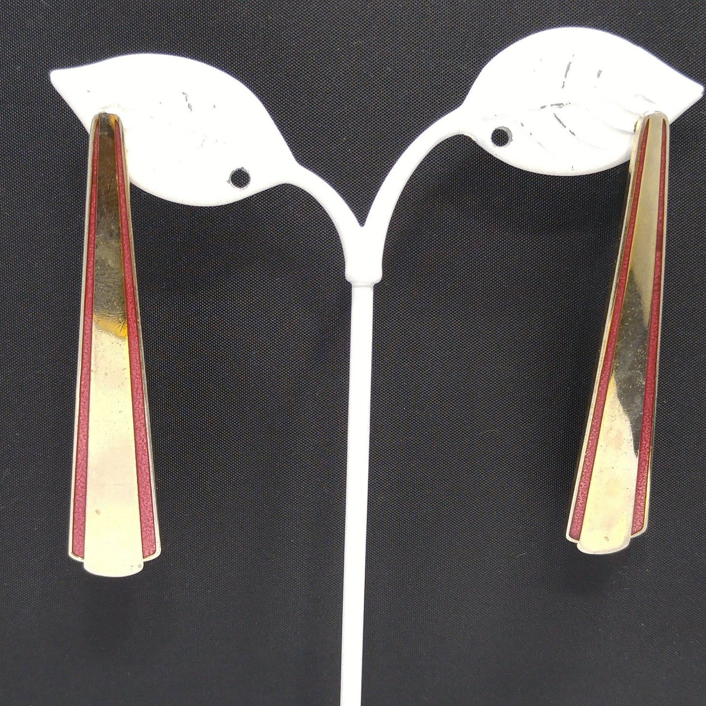 Vintage Laurel Burch Long Post Earrings, Gold Plated, Red Enamel
