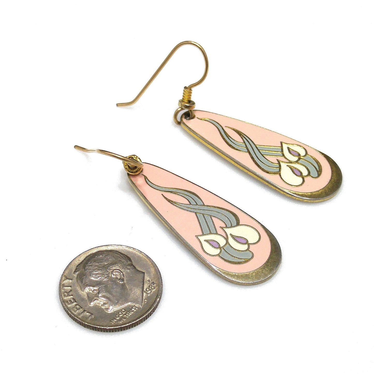 Laurel Burch "Wild Anthurium" Pink Dangle Earrings, Gold Plated, Cloisonné Enamel, 1980s Vintage Jewelry
