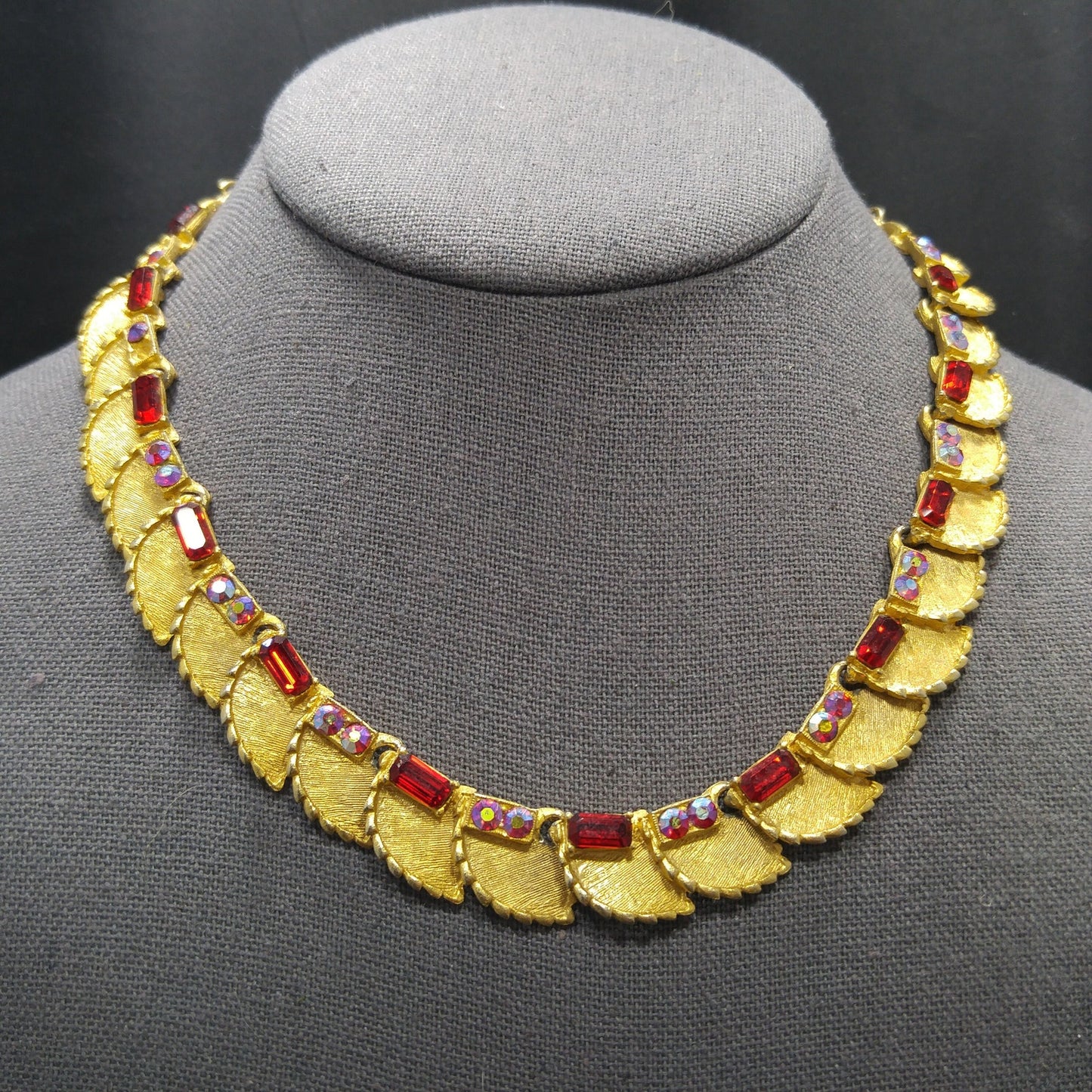 B.S.K. Red Rhinestone Choker Necklace, Aurora Borealis, 1960s Vintage Jewelry