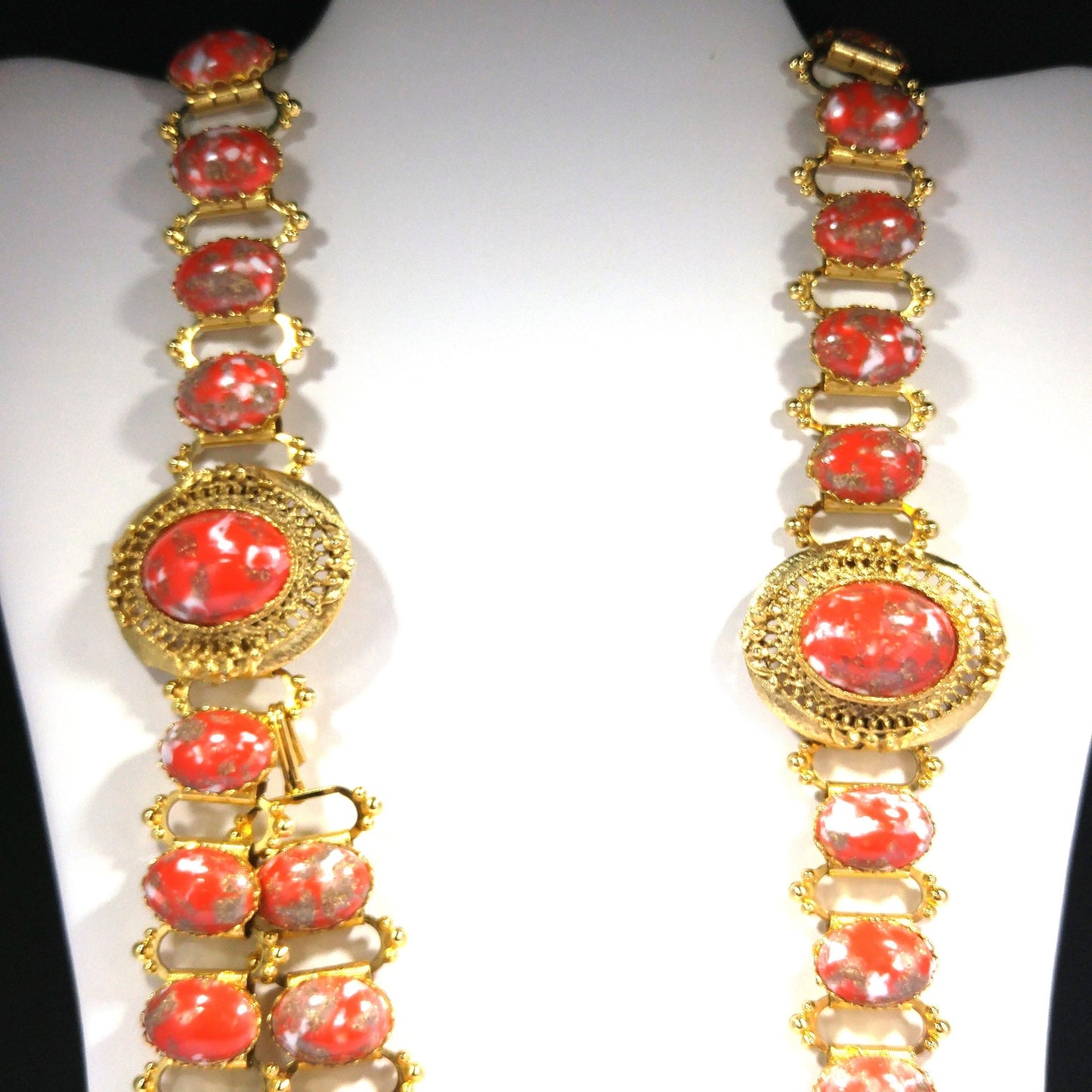 Book Chain Orange Gold Cabochon Lucite Belt or Long Necklace, Gold Robin's Egg Cabs, 36", 1960s Vintage Jewelry