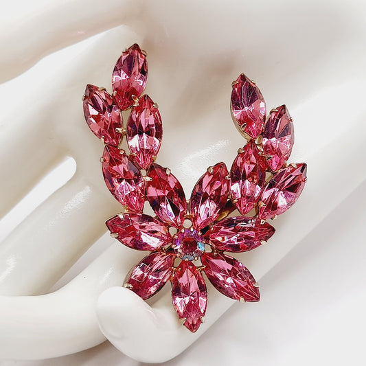 Vintage Pink Rhinestone Floral Brooch, Marquise Stones, 1950s Jewelry