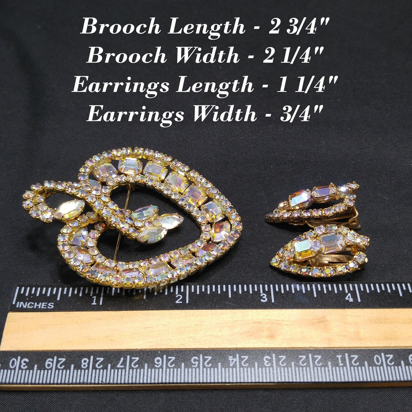 Vintage Gold Aurora Borealis Brooch Earrings, Gold Plated, 1960s Vintage Jewelry