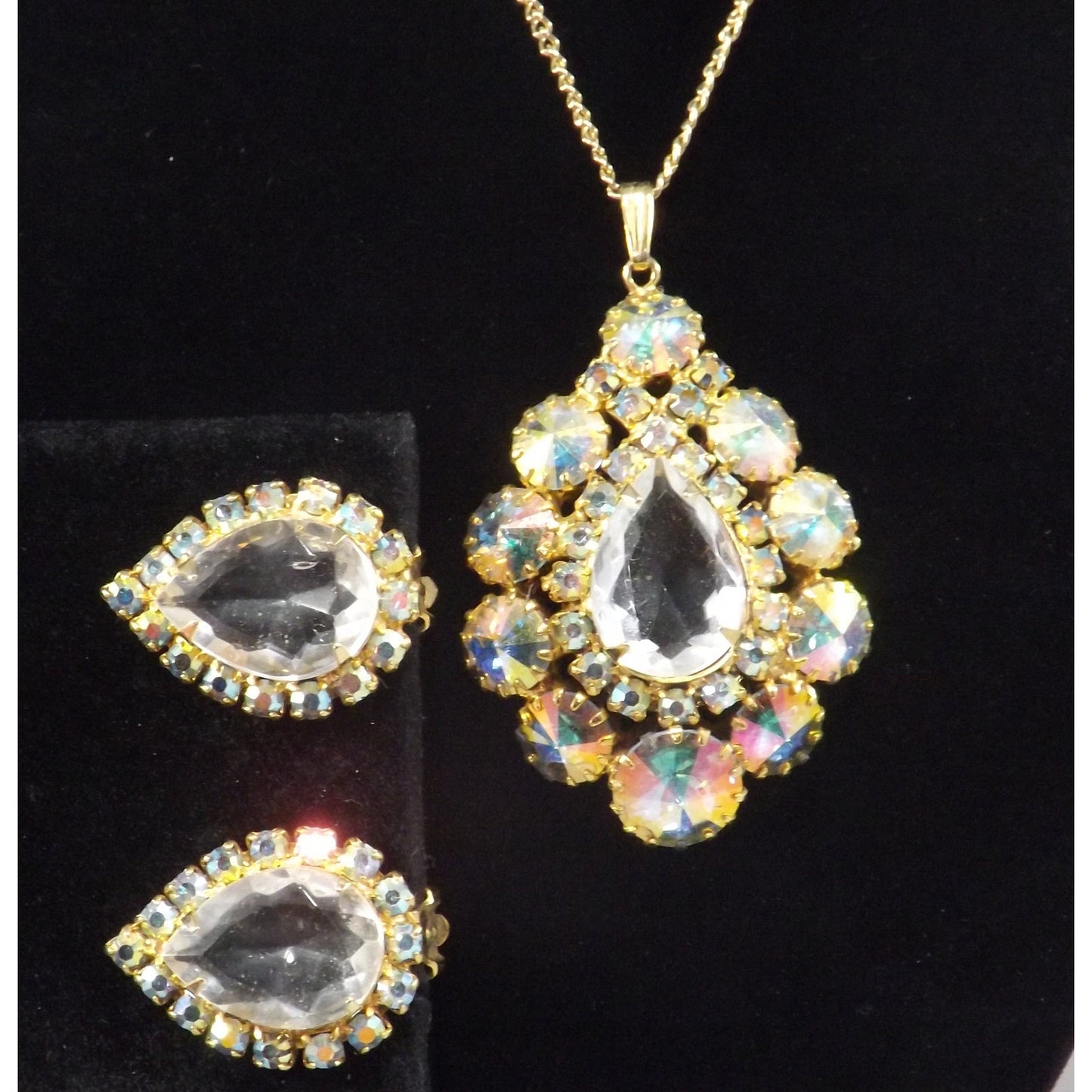 Vintage AB Pendant Necklace & Earrings, Rivoli Rhinestones, Gold Plated