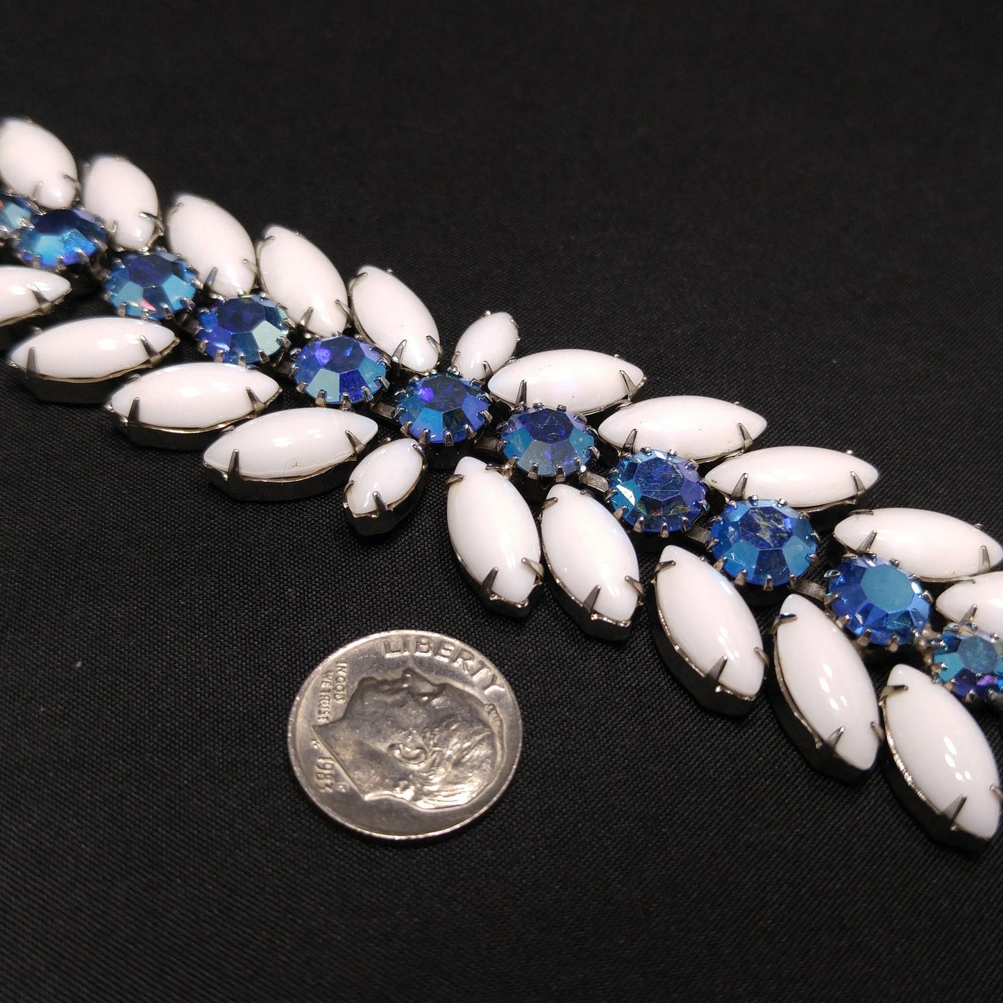 Vintage Weiss Blue AB Rhinestone Bracelet, White Milk Glass Cabochons, Rhodium Plated