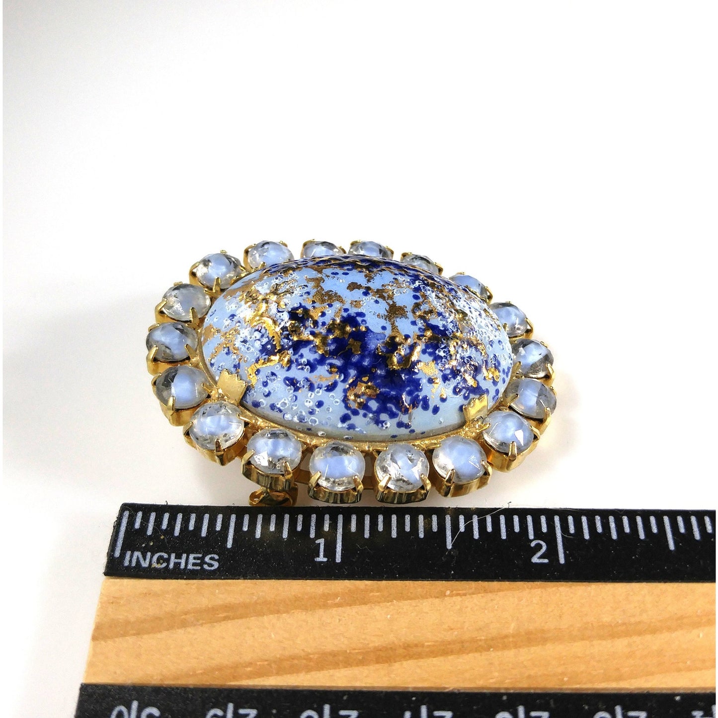 Hand Painted Blue Spatter Gold Ceramic Brooch, Gold Plated, 1960s Vintage Jewelry