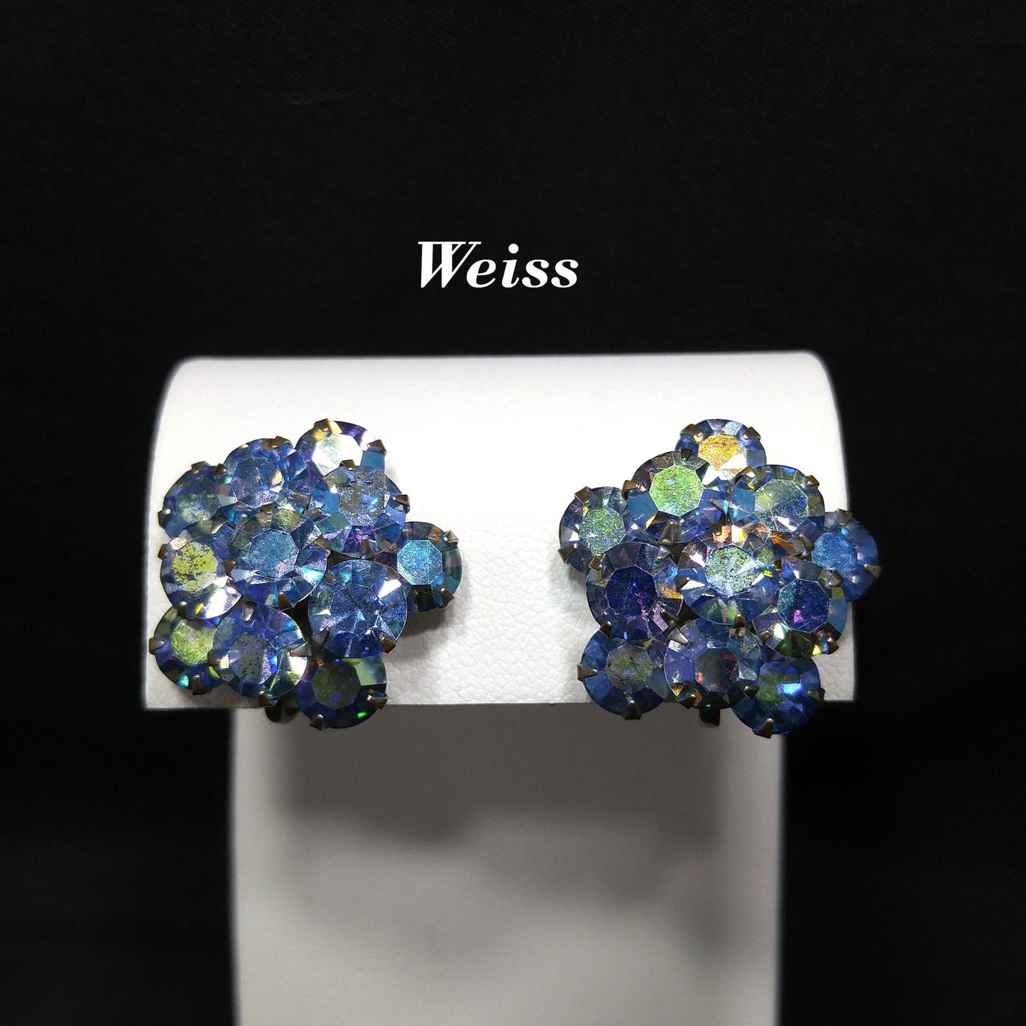 Weiss Blue Aurora Borealis Earrings, Screw Back Gold Plated, 1950s Vintage