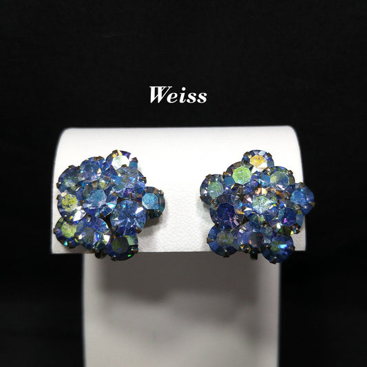 Weiss Blue Aurora Borealis Earrings, Screw Back Gold Plated, 1950s Vintage