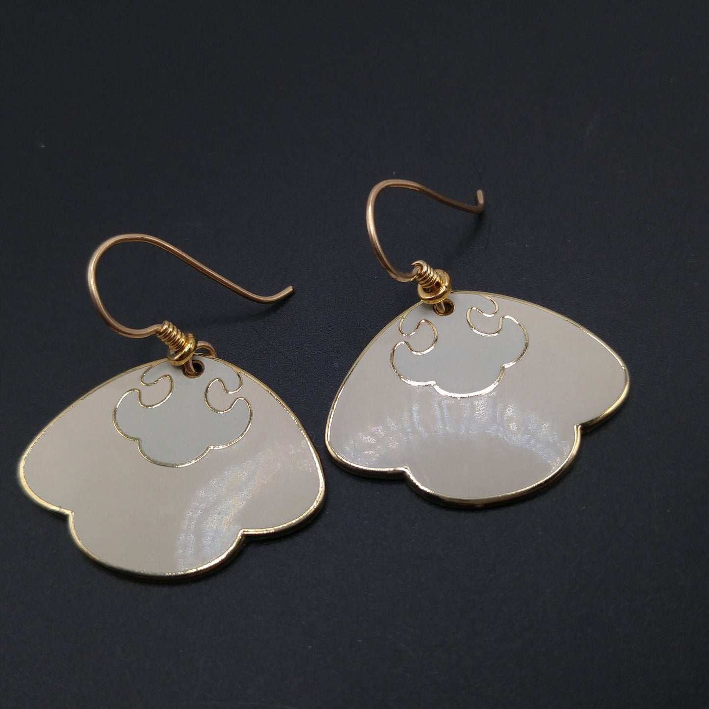 Vintage Laurel Burch Beige Enamel Drop Earrings, Gold Plated