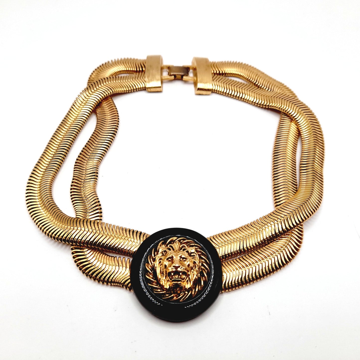 Vintage Lion Head Pendant Double Snake Chain Necklace, 15 Inches