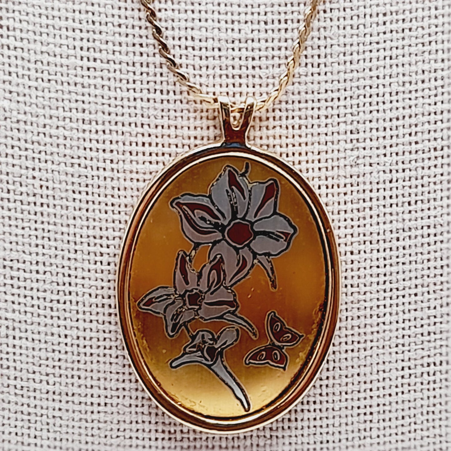 Vintage Reed & Barton Damascene July Larkspur Pendant Necklace Floral Birth Flower