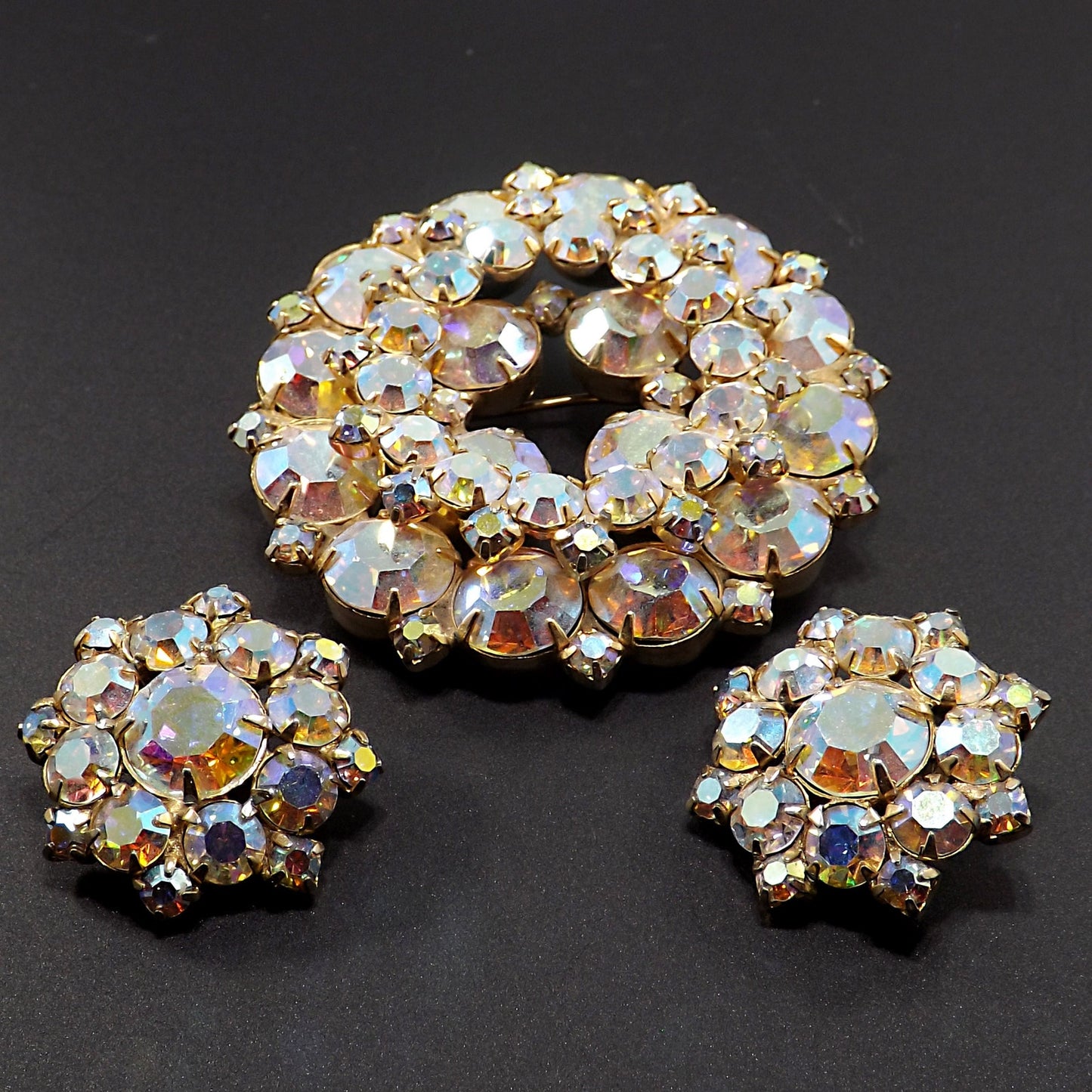 Vintage Unsigned Juliana or Weiss Brooch Earrings Set, Gold Plated, 1960