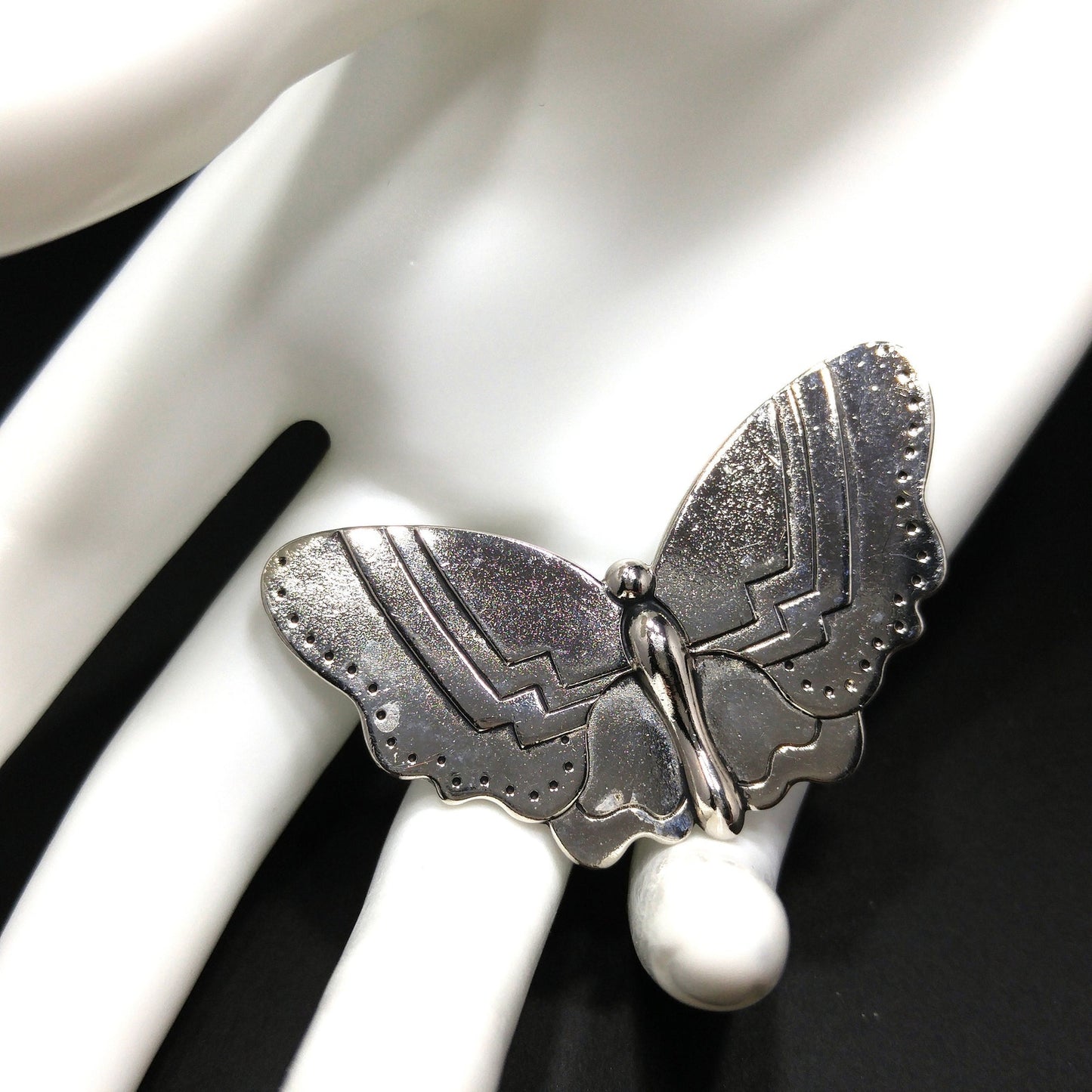 Laurel Burch Butterfly Brooch, Rhodium Plated, Black Enamel, 1980s Vintage Jewelry