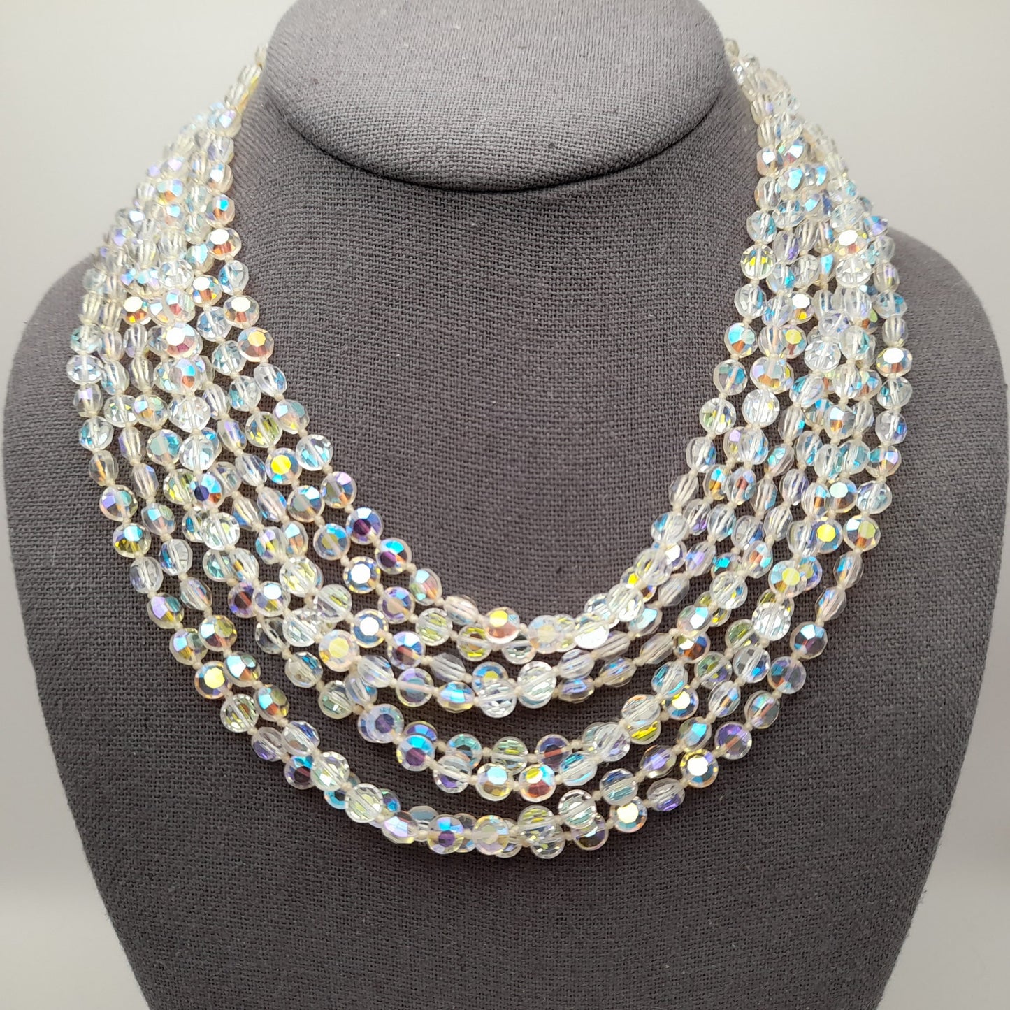Vintage Flat Crystal Eight Strand Necklace, Hand-knotted, Aurora Borealis