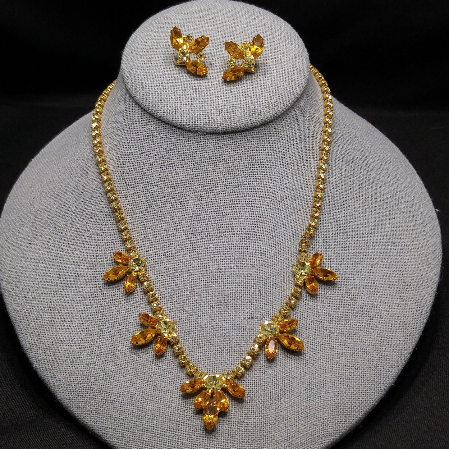 B. David Light Topaz Necklace & Earrings, Gold Plated, 1960s Vintage Jewelry