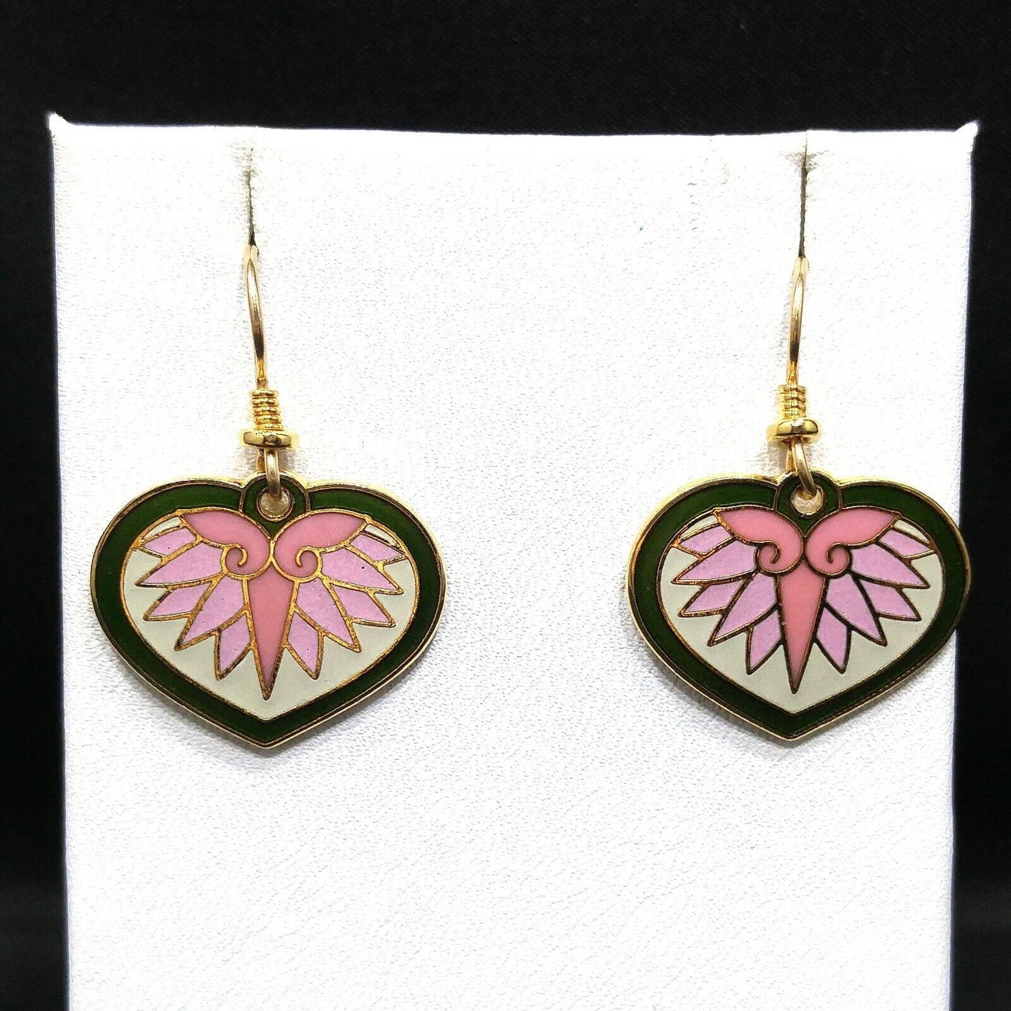 Laurel Burch Hollyhock Floral Earrings, Gold Plated Cloisonne, Enamel, 1980s
