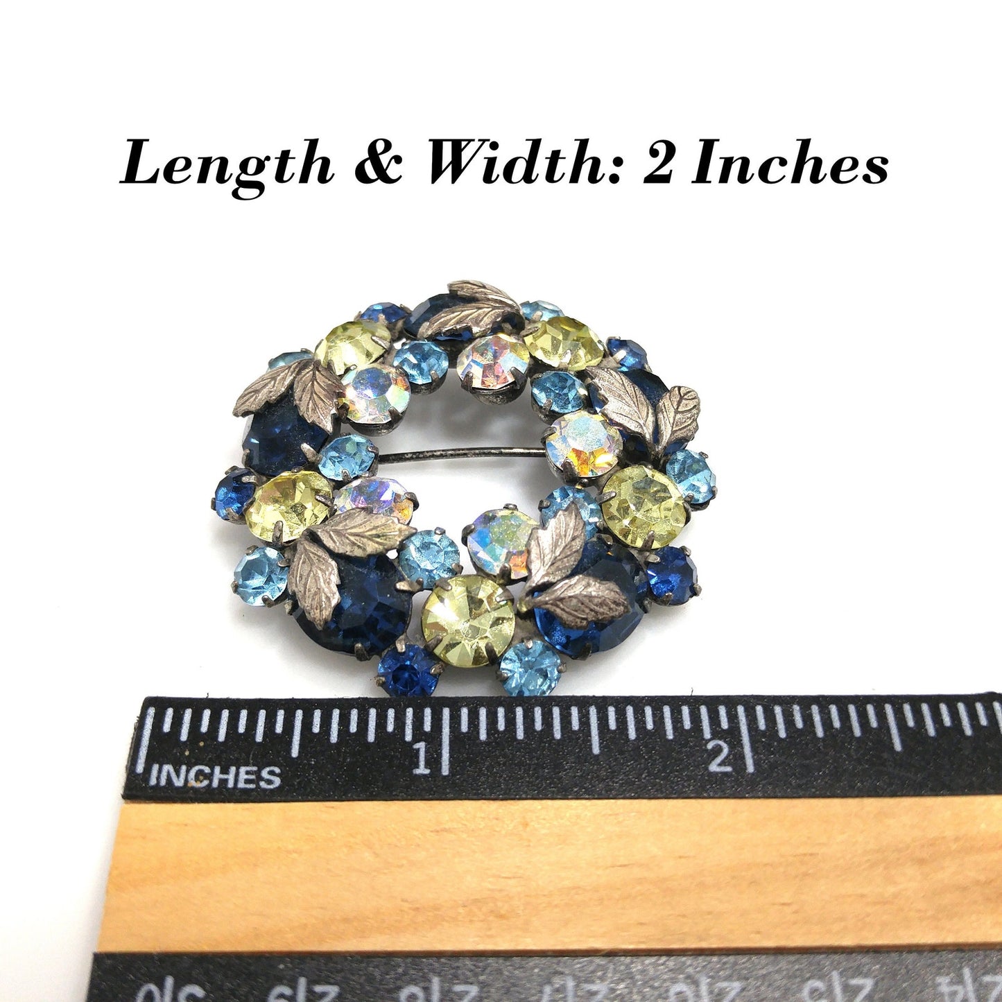 Vintage 1950s Crystal Rhinestone Wreath Brooch – Blue, Yellow, Aurora Borealis – Regency Style