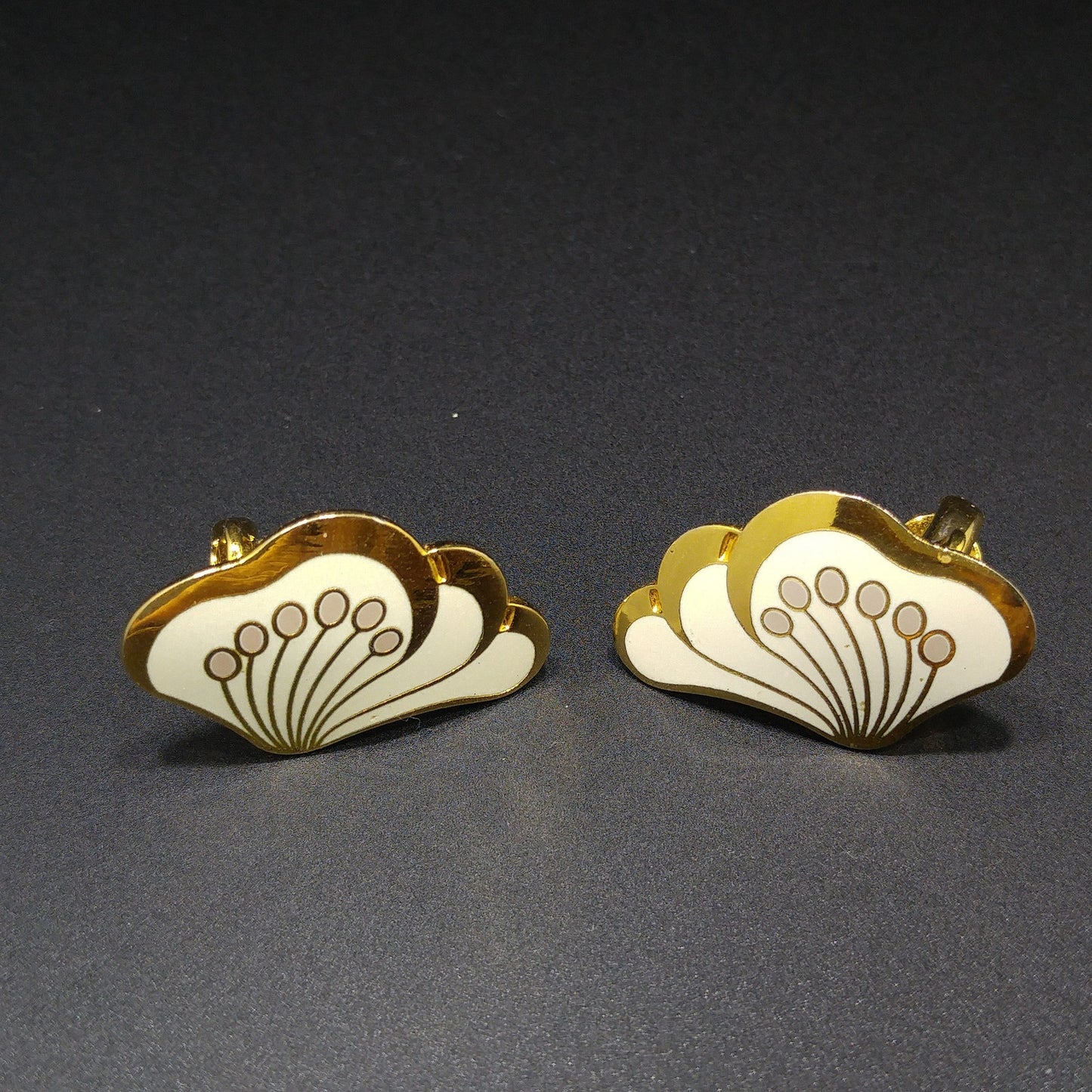 Laurel Burch "Le Fleur" Gold & White Clip Earrings, Gold Plated, 1980s Vintage