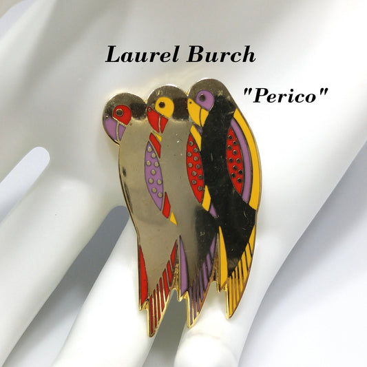 Laurel Burch "Perico" Brooch, Gold Plated Parakeets, Cloisonné Birds, 1980s Vintage Jewelry