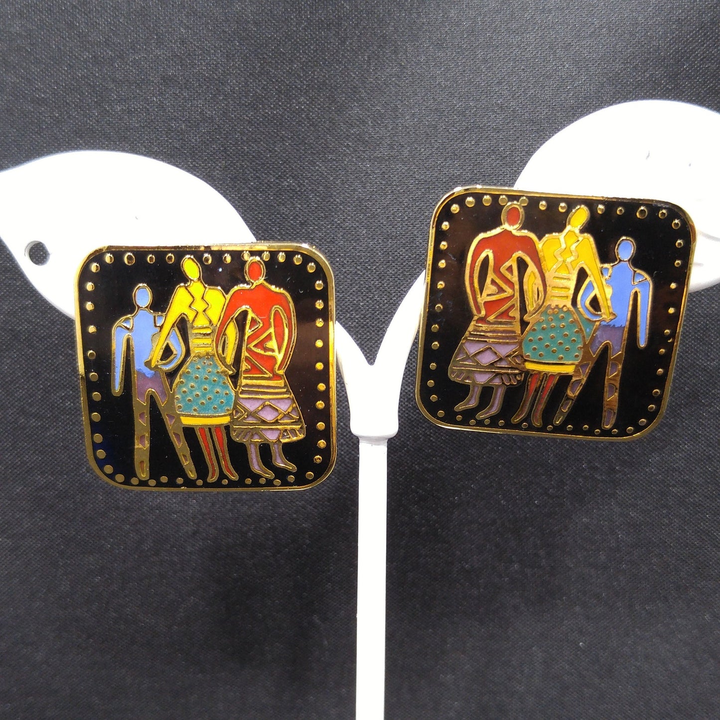 Vintage Laurel Burch "Familia" Post Earrings, Gold Plate Enamel