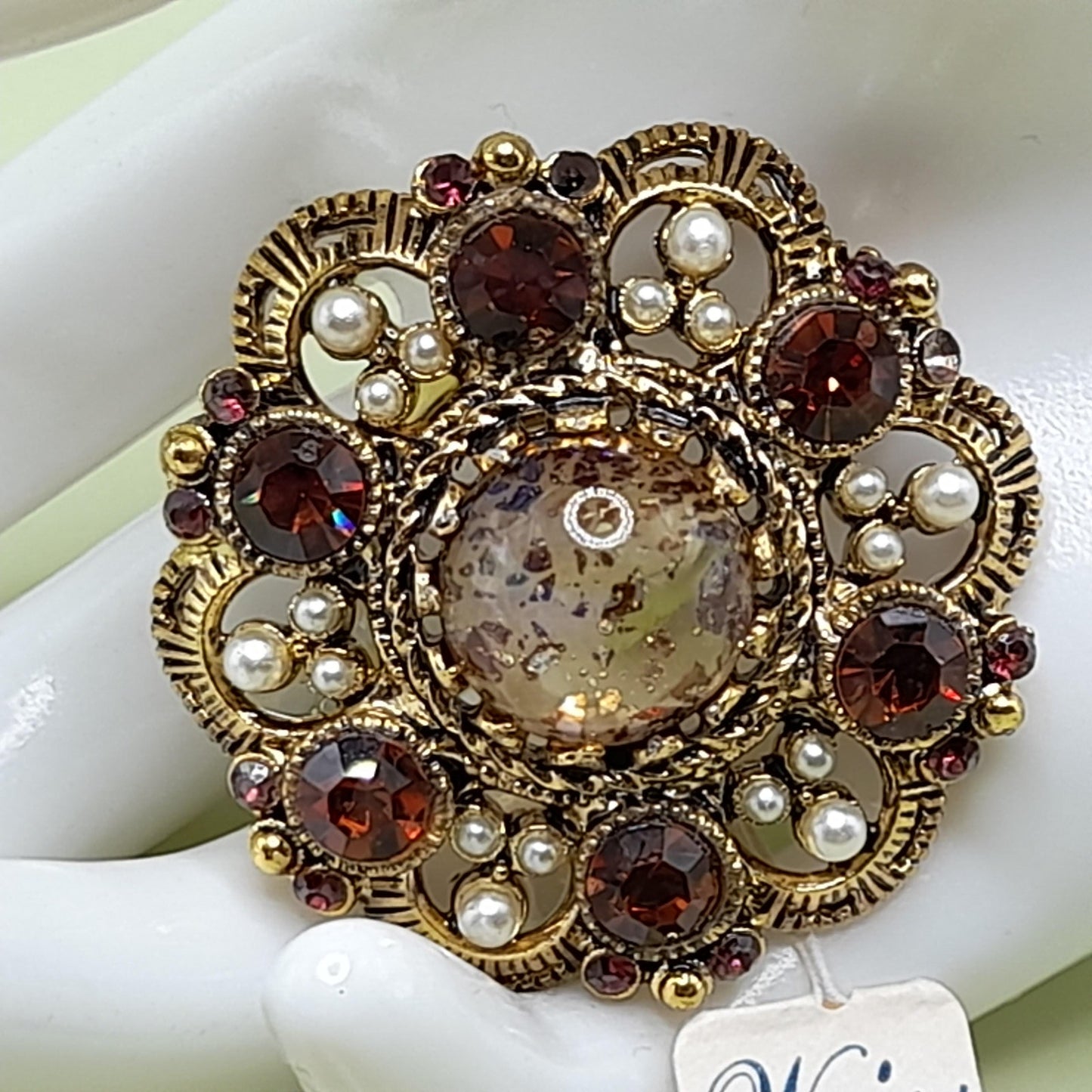 Vintage Weiss Fire Opal Dragons Breath Topaz Brooch Pendant, Faux Pearls, 1960s