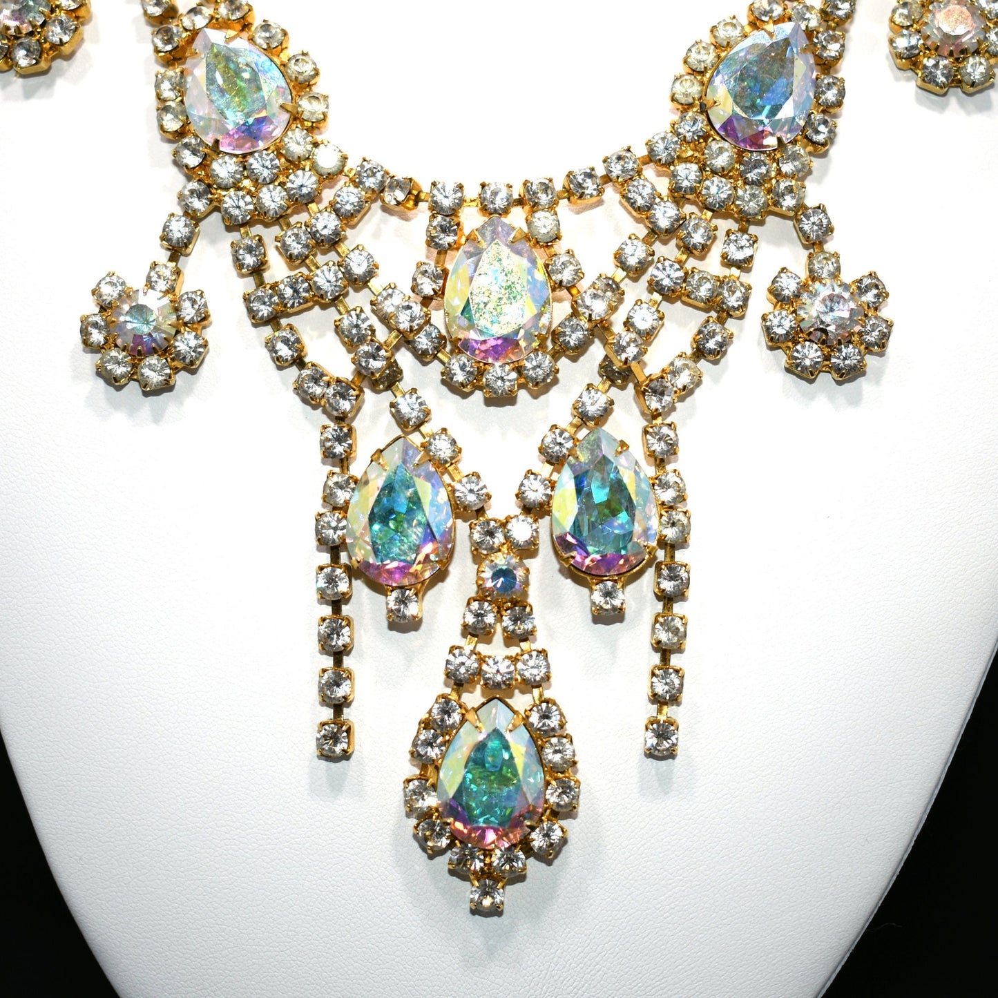 Aurora Borealis Rhinestone Frontal Necklace, Gold Plated, 21 Inches, 1970s Vintage Jewelry