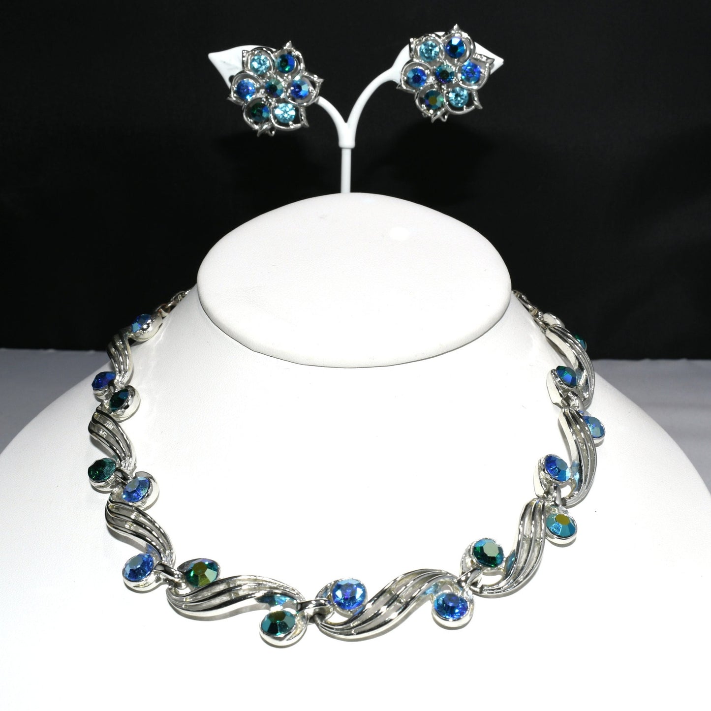 Blue Aurora Borealis Rhinestone Choker Necklace Earrings, Rhodium Plated, 1950s Vintage Jewelry