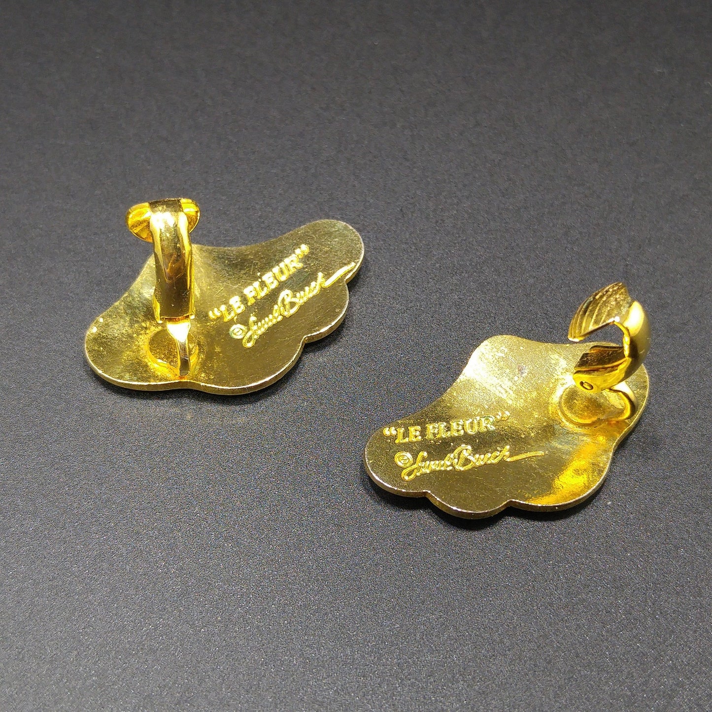 Laurel Burch "Le Fleur" Gold & White Clip Earrings, Gold Plated, 1980s Vintage