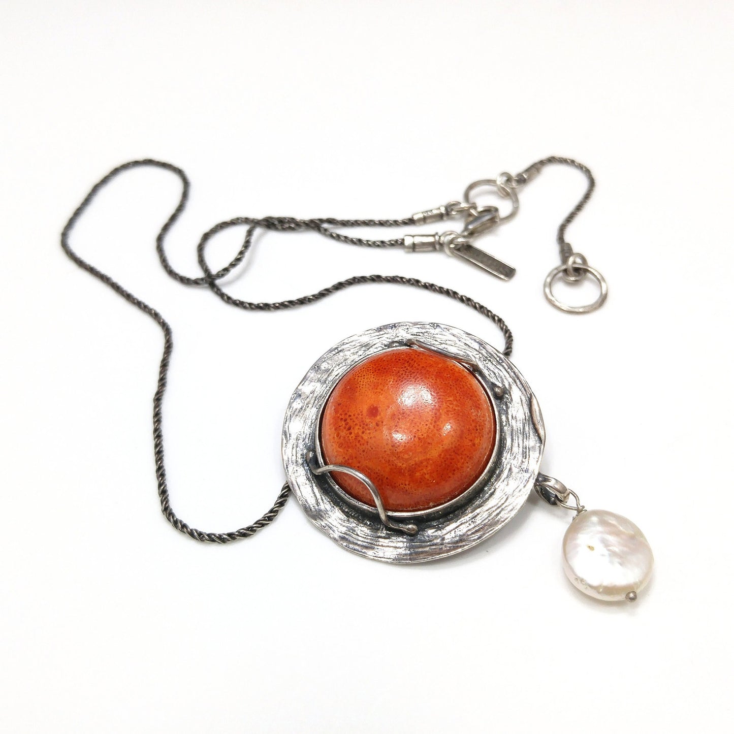 Sterling Silver Israel Artisan Pendant Necklace, Faux Pearl Dangle, 1990s Vintage Jewelry