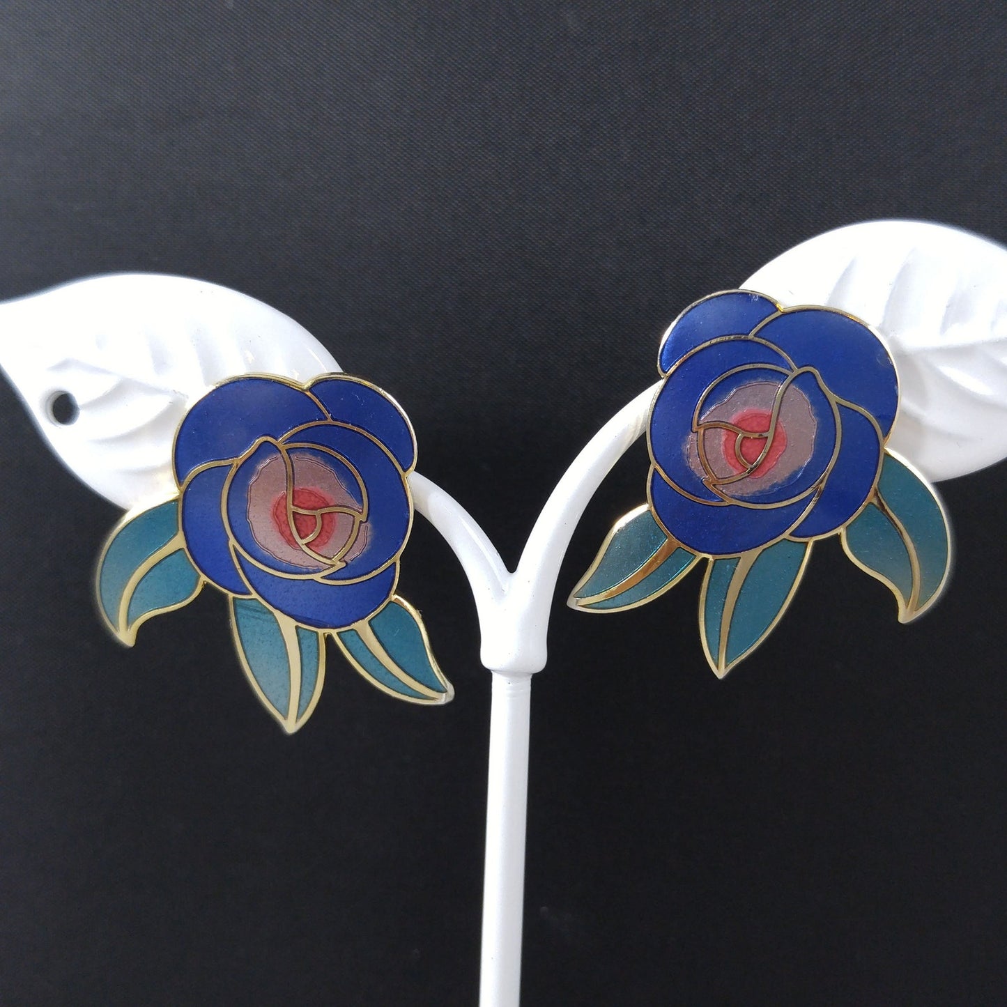 Vintage Laurel Burch Blue "Deco Rose" Post Earrings, 1980s Vintage Jewelry