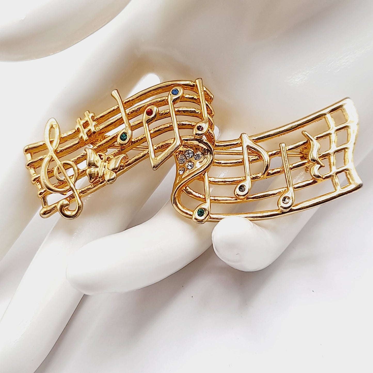 Vintage Musical Notes Brooch Gold Tone Music Staff Pin with Rhinestones – 2.75”