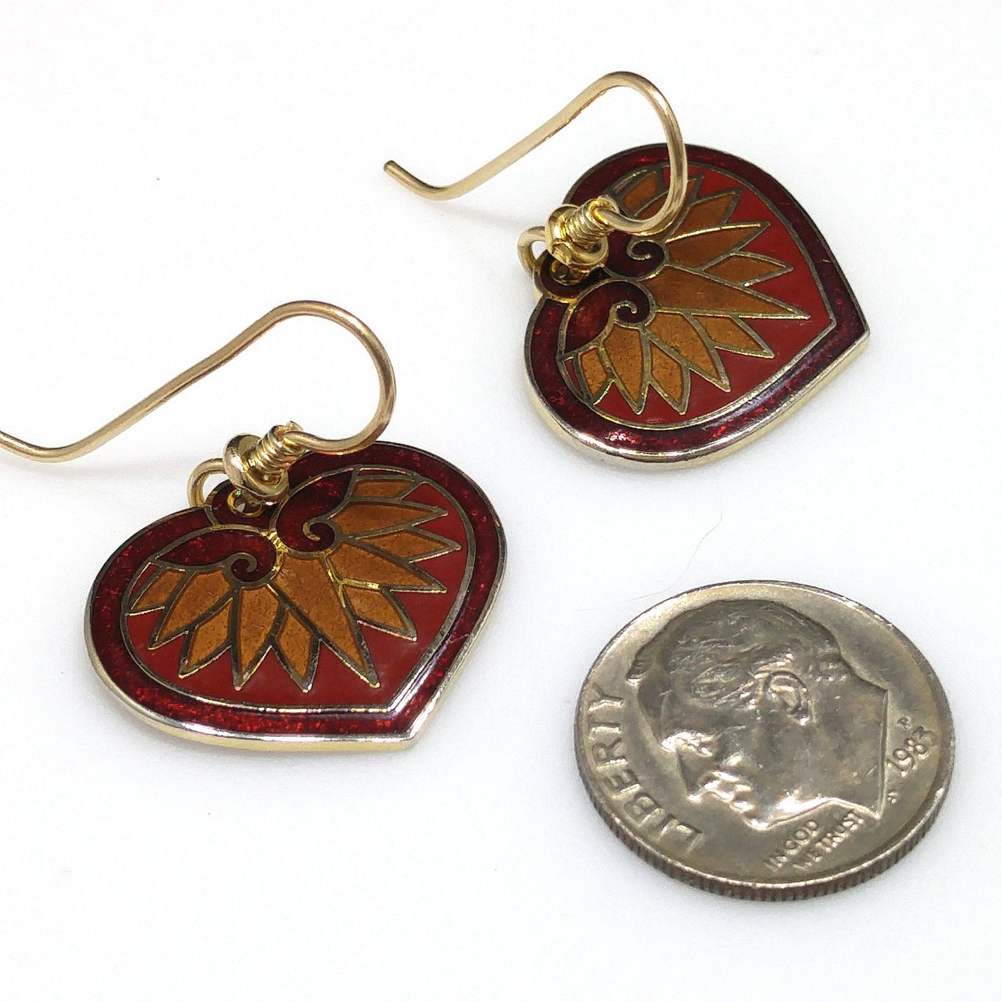 Vintage Laurel Burch Hollyhock Floral Earrings, Gold Plated Cloisonne, Red Enamel