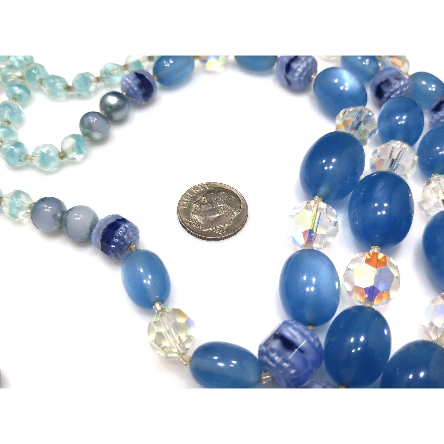 Blue Moonglow Crystal Art Glass Beaded Necklace, Three Strands, Crystal Clasp, 1950s Vintage Jewelry