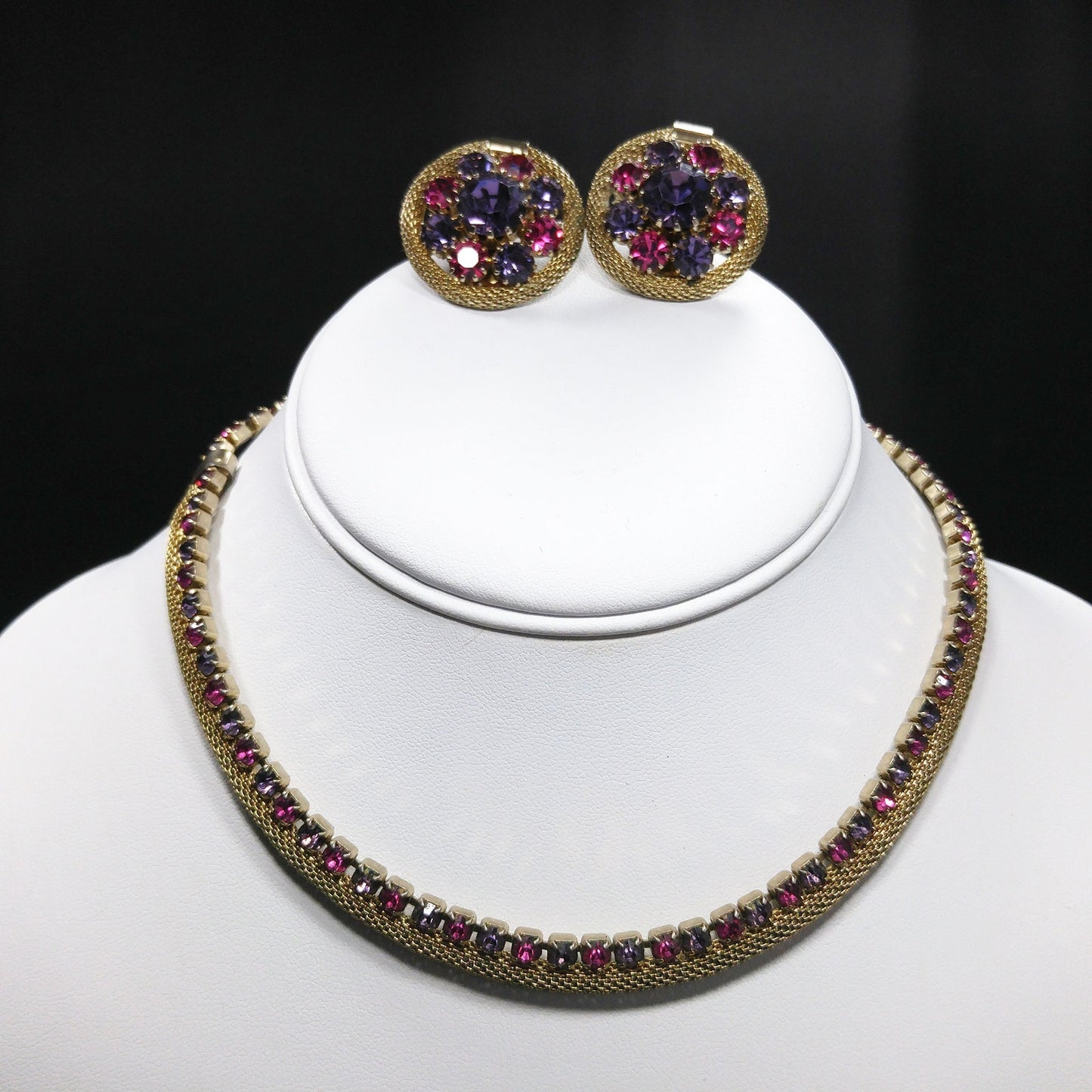 Weiss 1950s Gold Mesh Necklace & Earrings Set – Pink and Lavender Rhinestones