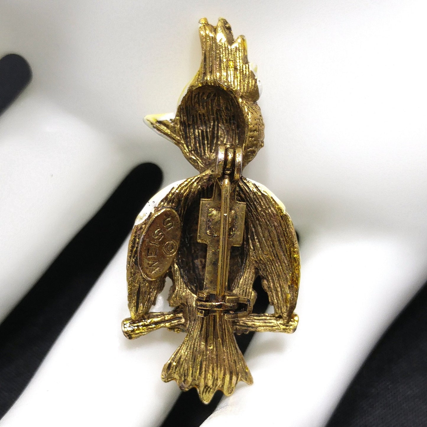 Vintage Weiss Yellow Enamel Bird Brooch, Faux Pearls, 1940s