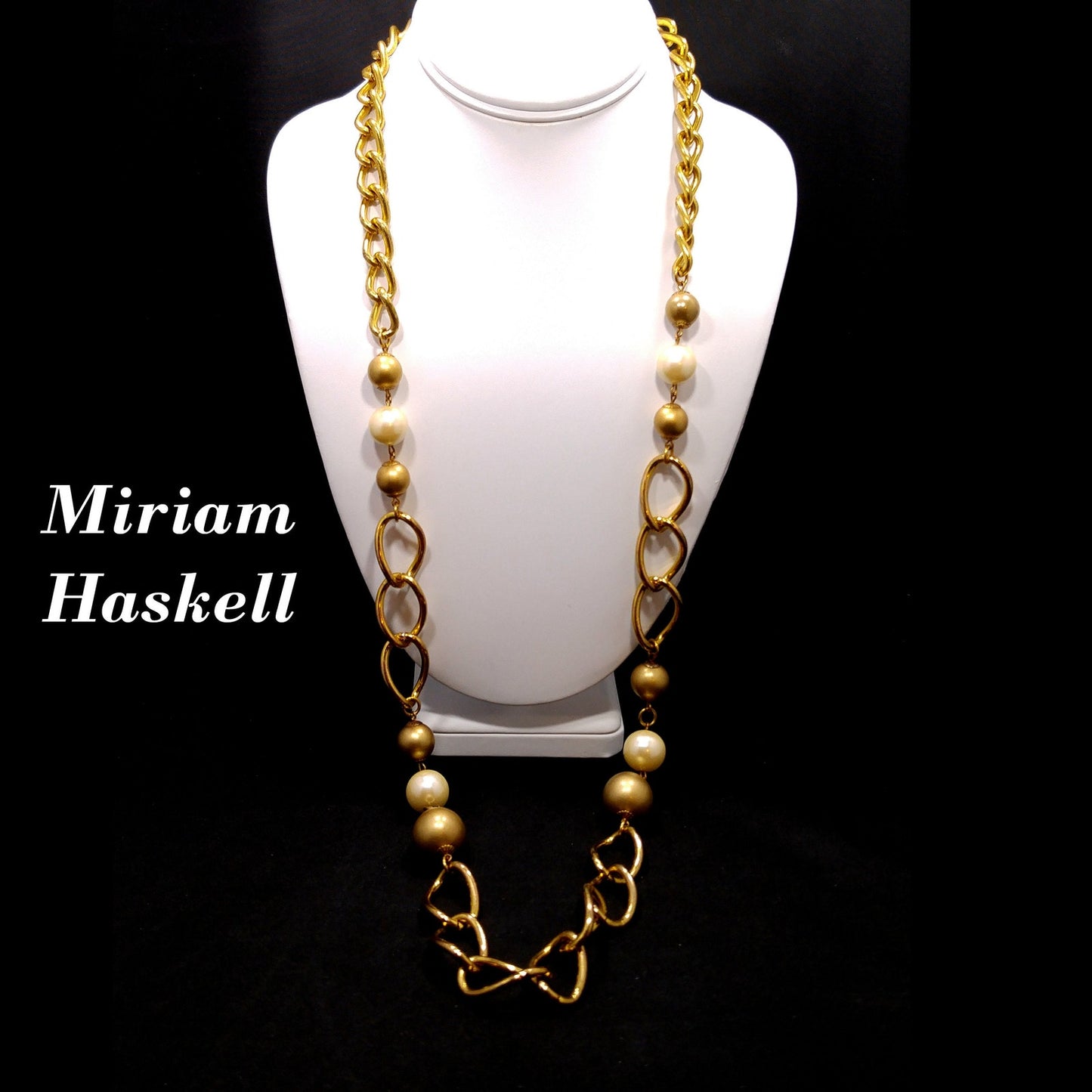 Miriam Haskell Long Faux Pearl Necklace, 36 Inches, Gold Plated, 1940s Vintage Jewelry