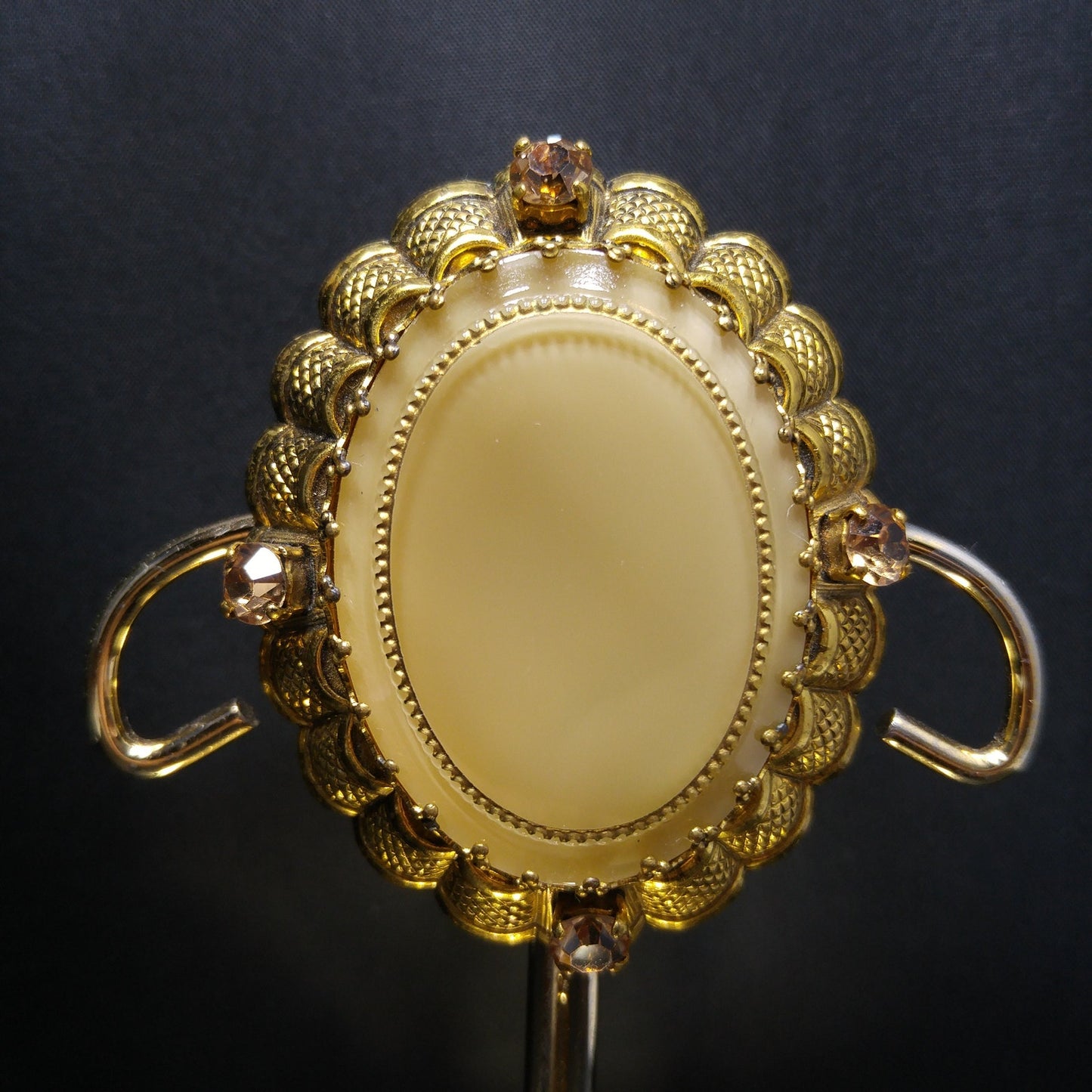 West Germany Beige Art Glass Filigree Brooch, Scalloped Edges, Champagne Rhinestones, 1950s Vintage Jewelry