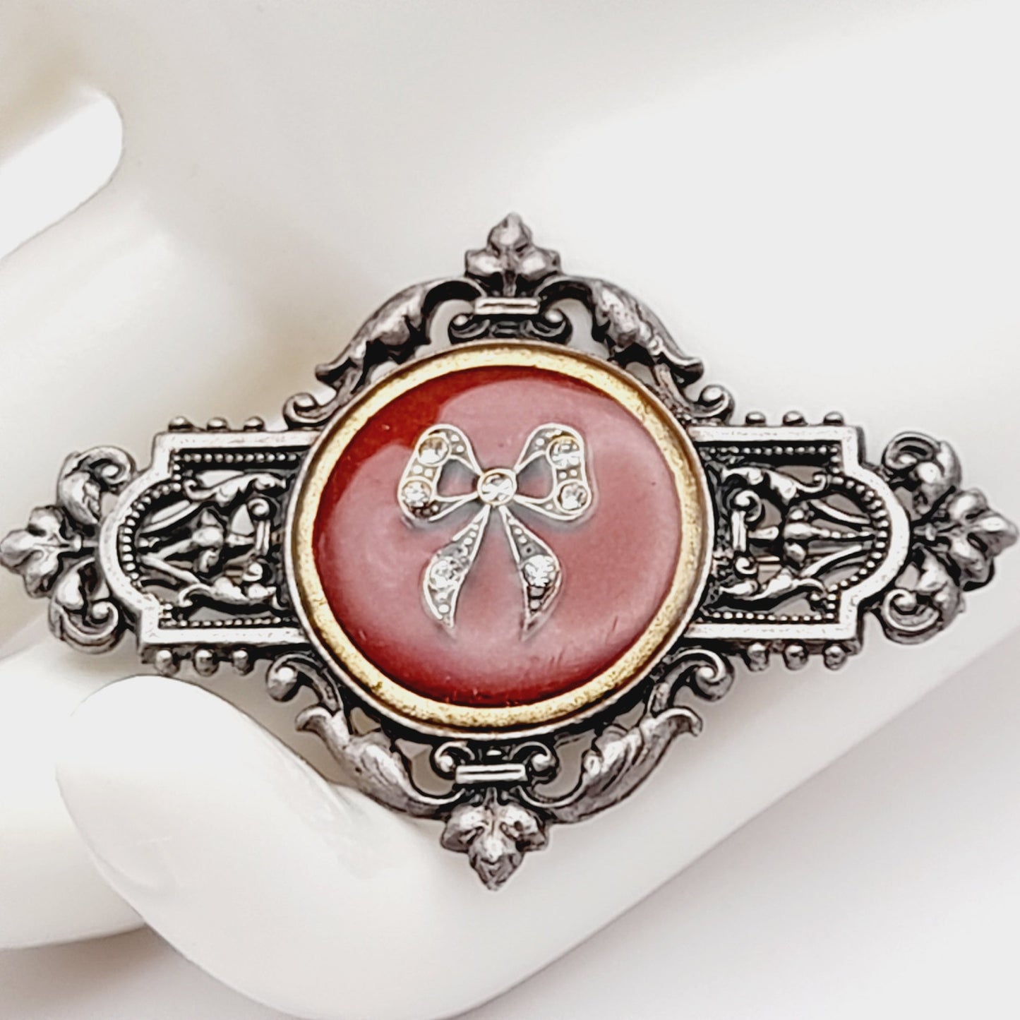 Vintage Catherine Popesco Art Deco Red Enamel Silver Plated Brooch