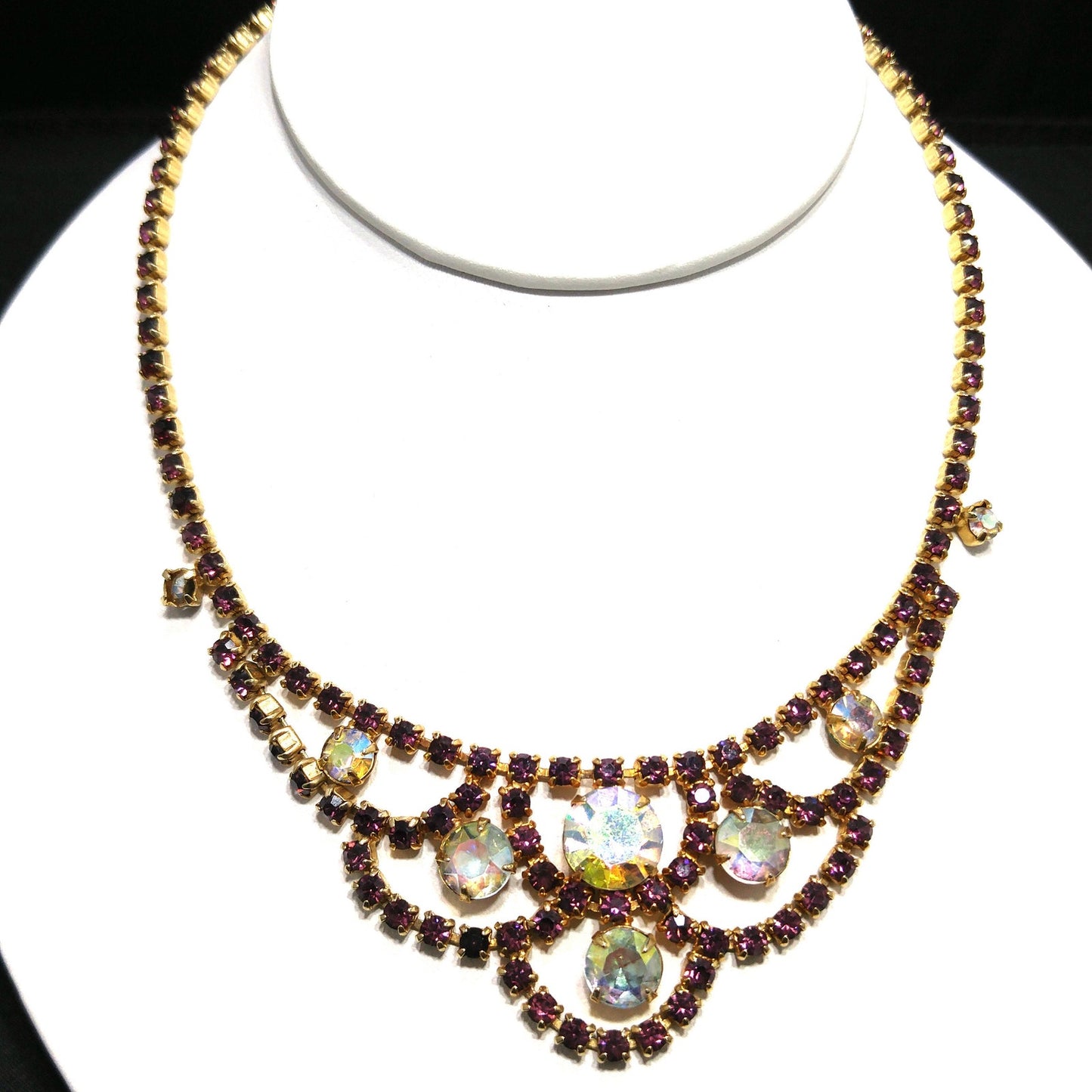 Vintage Purple AB Clear Rhinestone Choker Necklace, Gold Plated, Aurora Borealis, 1960s Vintage Jewelry
