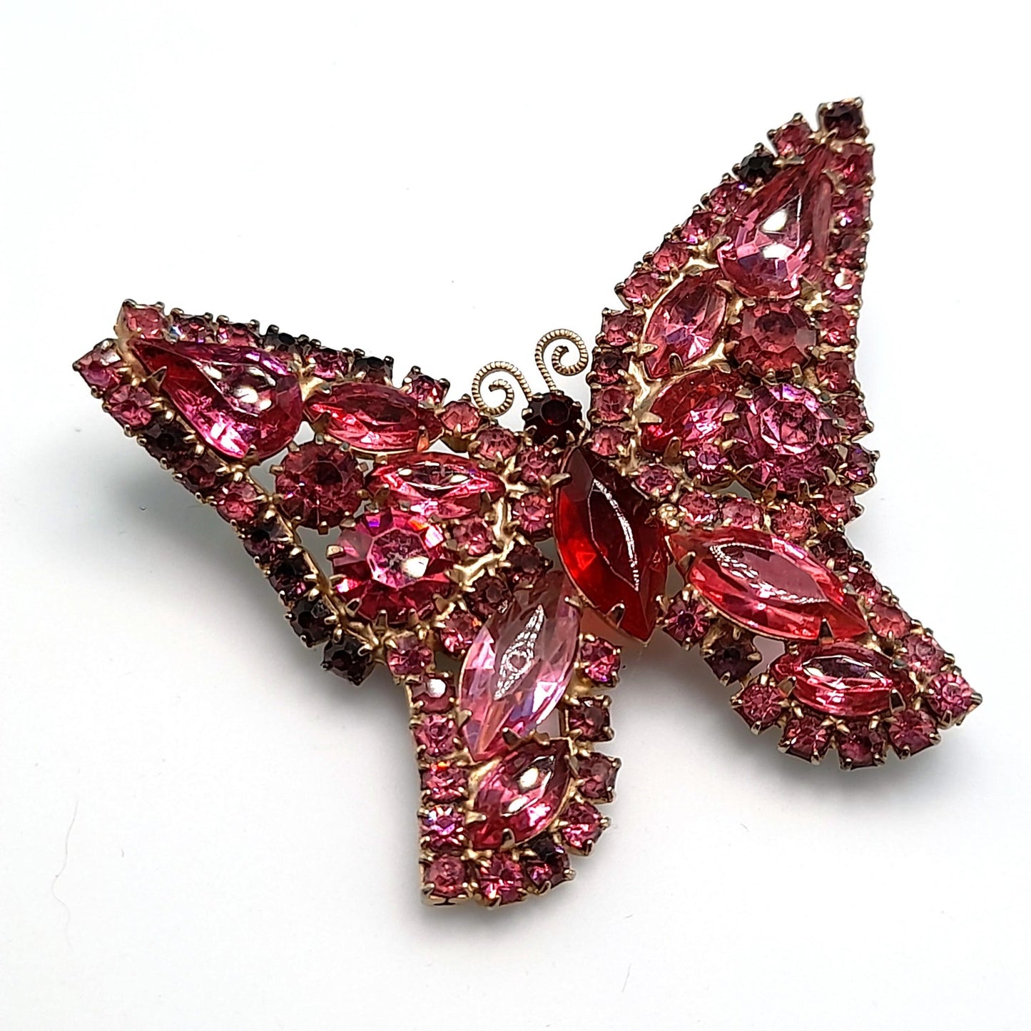 Vintage Weiss Butterfly Brooch, Pink Red Rhinestones, 1950s Jewelry