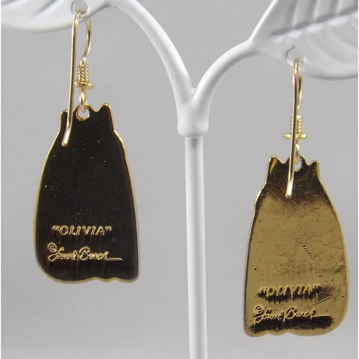 Laurel Burch "Olivia" Cat Earrings, Gold Plated, Black Enamel, 1980s Vintage