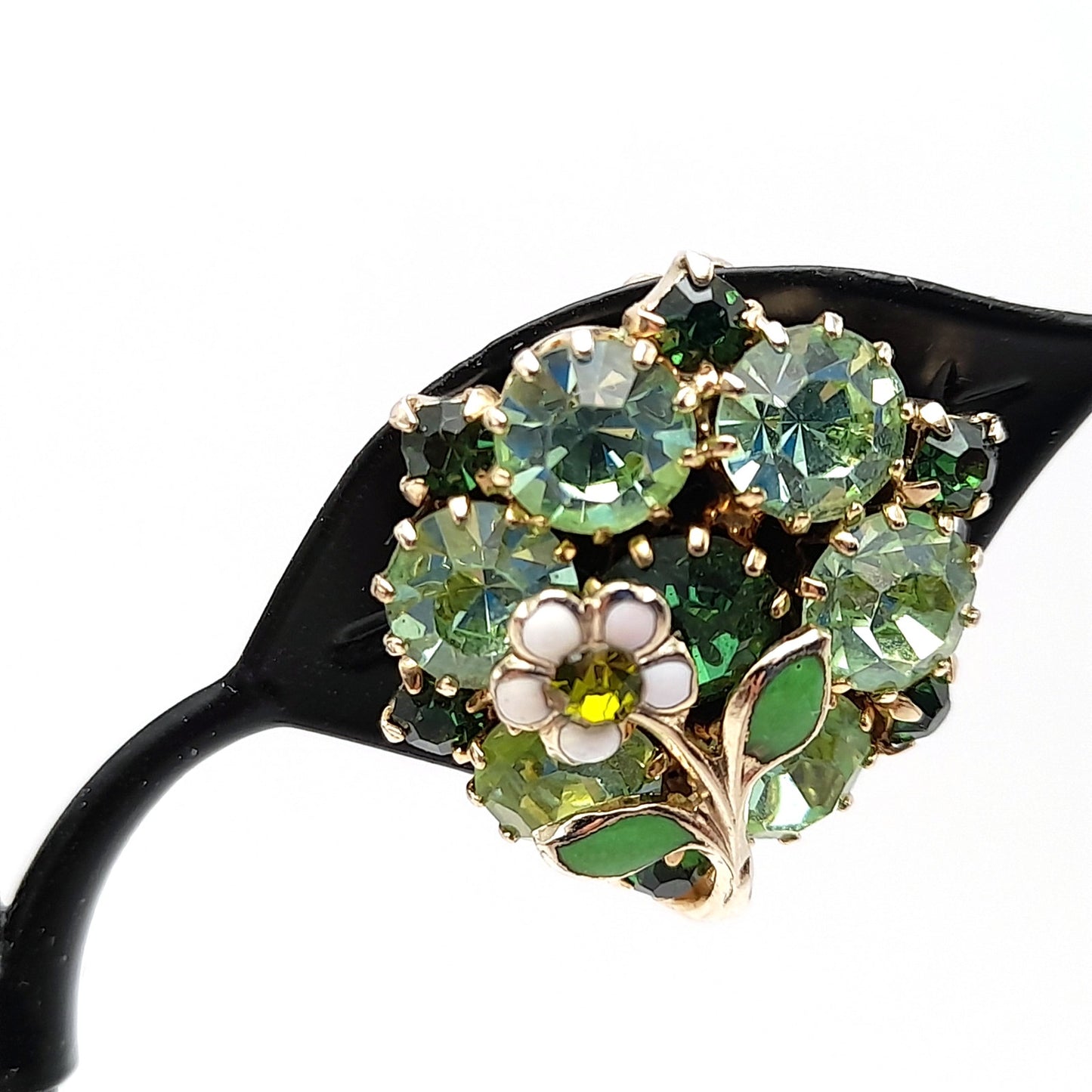 Vintage Weiss Green Rhinestones Floral Clip Earrings, 1960s