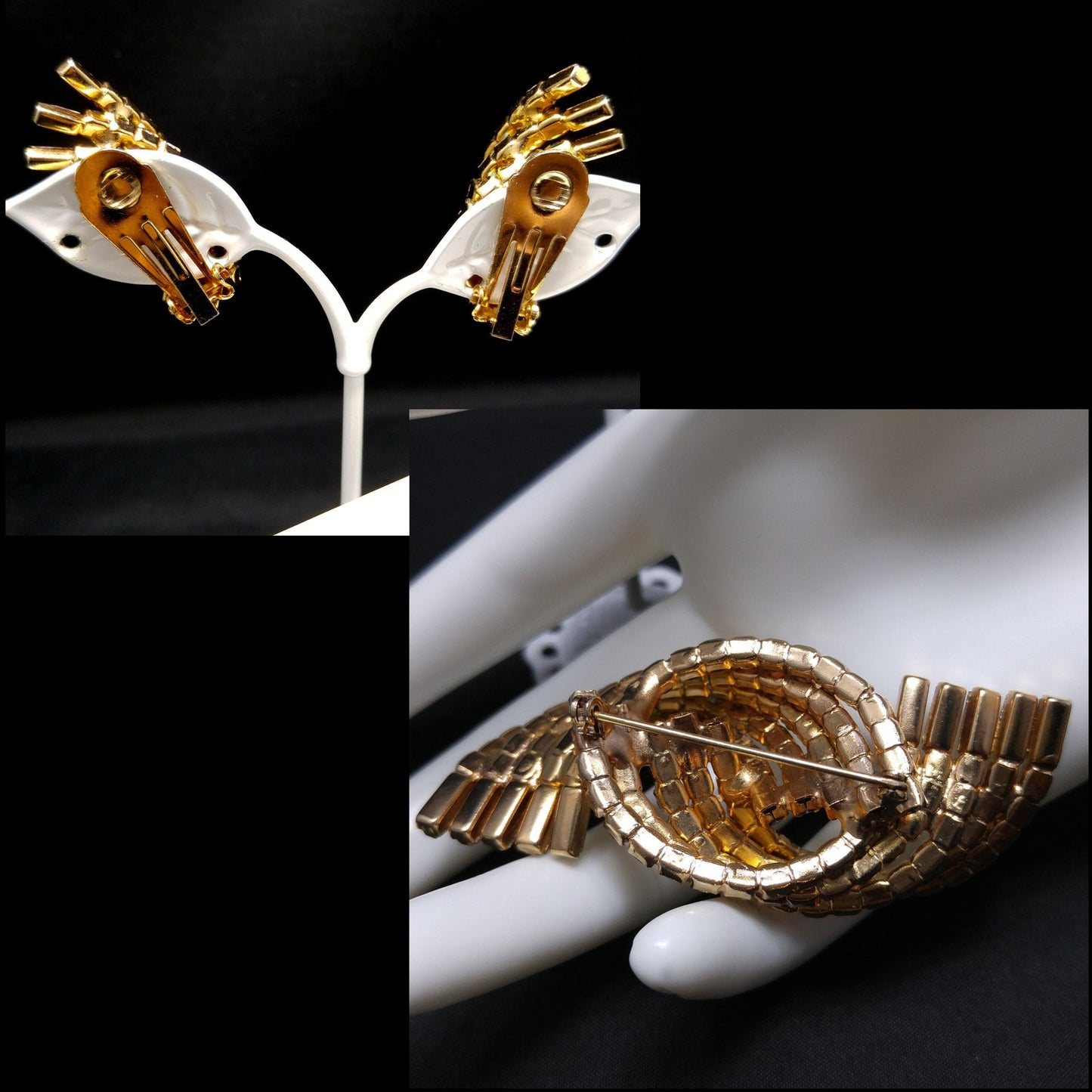 Mid-century Modern AB Rhinestone Brooch Earrings, Gold Plated, 1960s Vintage Jewelry