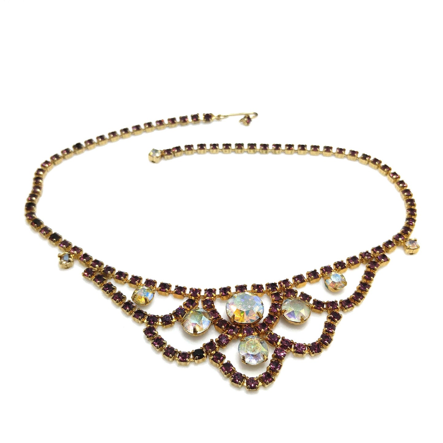 Vintage Purple AB Clear Rhinestone Choker Necklace, Gold Plated, Aurora Borealis, 1960s Vintage Jewelry
