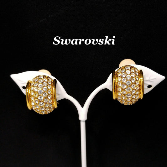 Swarovski Clear Pave Wide Hoop Earrings, Gold Plated Clips, 1990s Vintage Jewelry