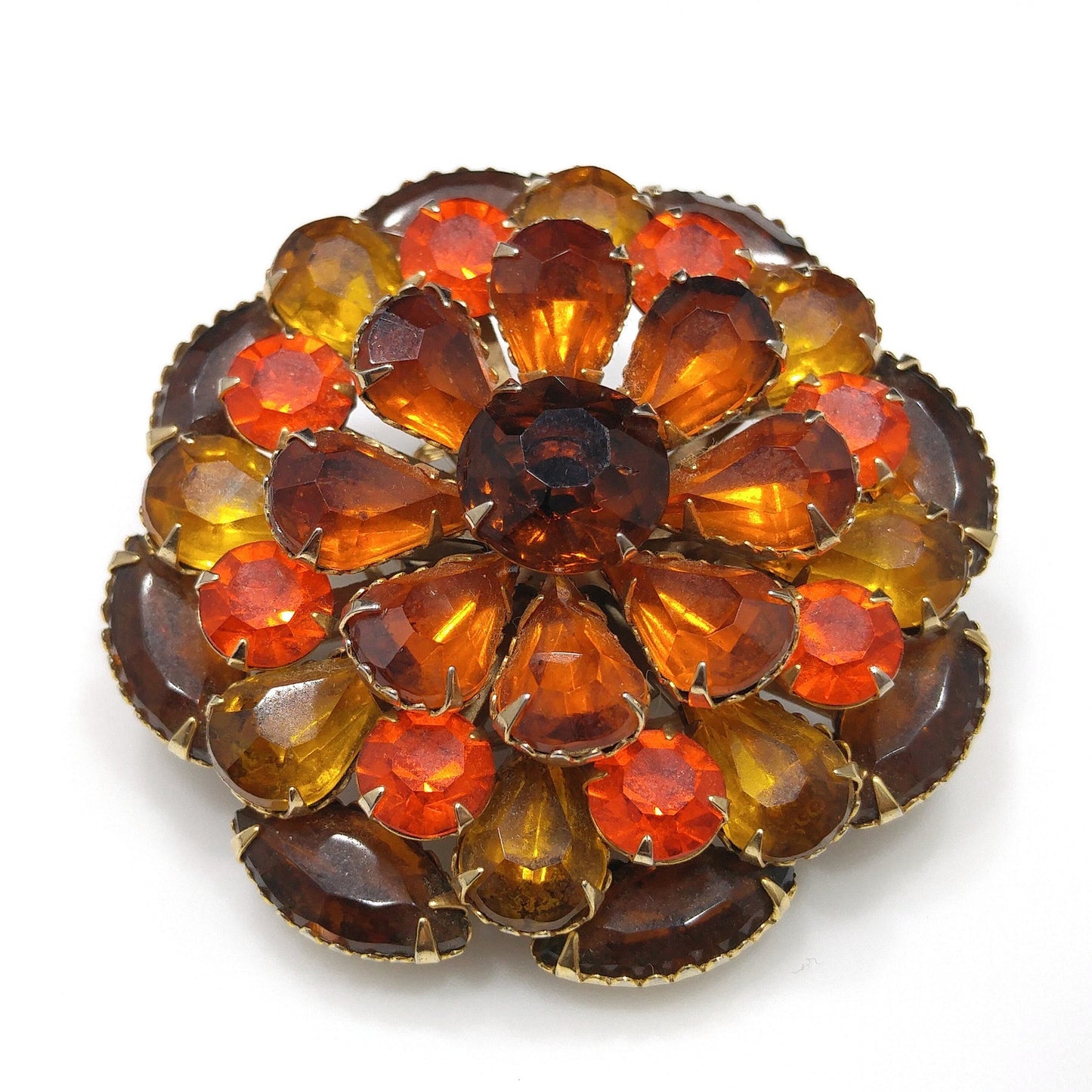 Autumn Fall Rhinestone Flower Brooch, Riveted Design, 1950s Vintage Jewelry
