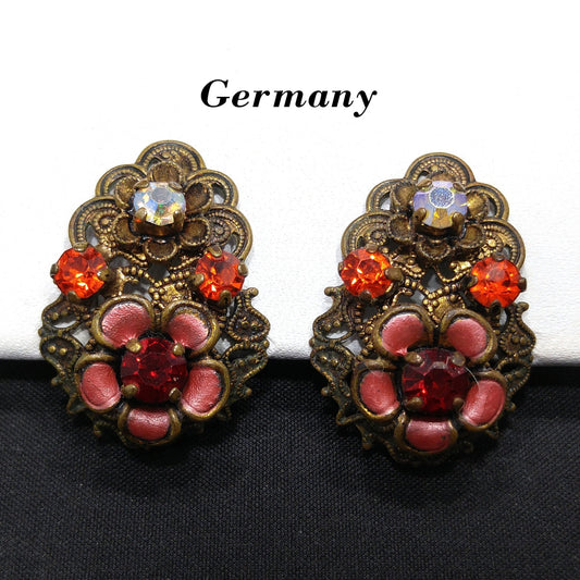 Germany Red Orange Filigree Clip Earrings, Enamel Flowers, 1940s Vintage Jewelry
